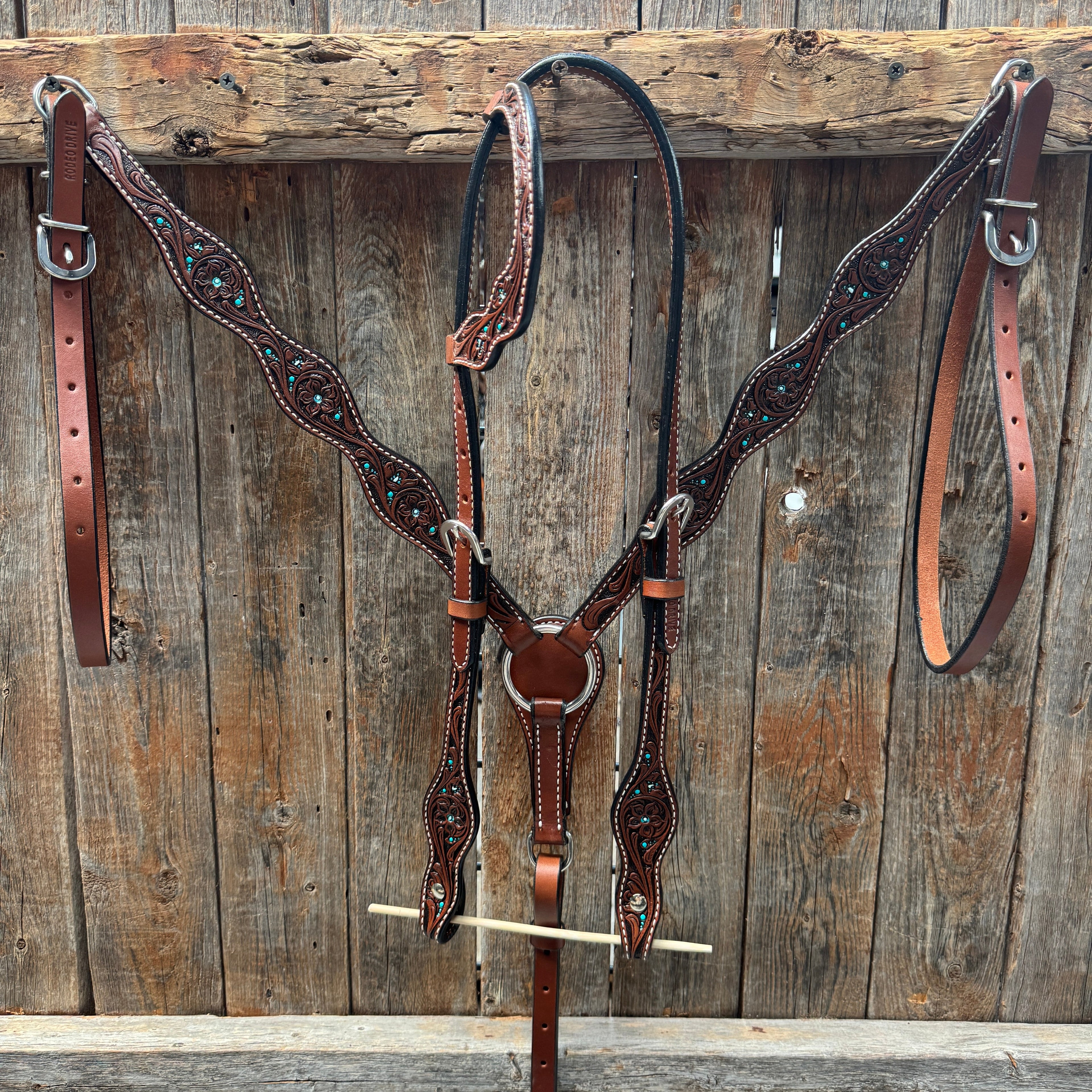 Medium Oil Floral and Teal Dot Browband / One Ear Headstall and Breastcollar Tack Sets — view 2