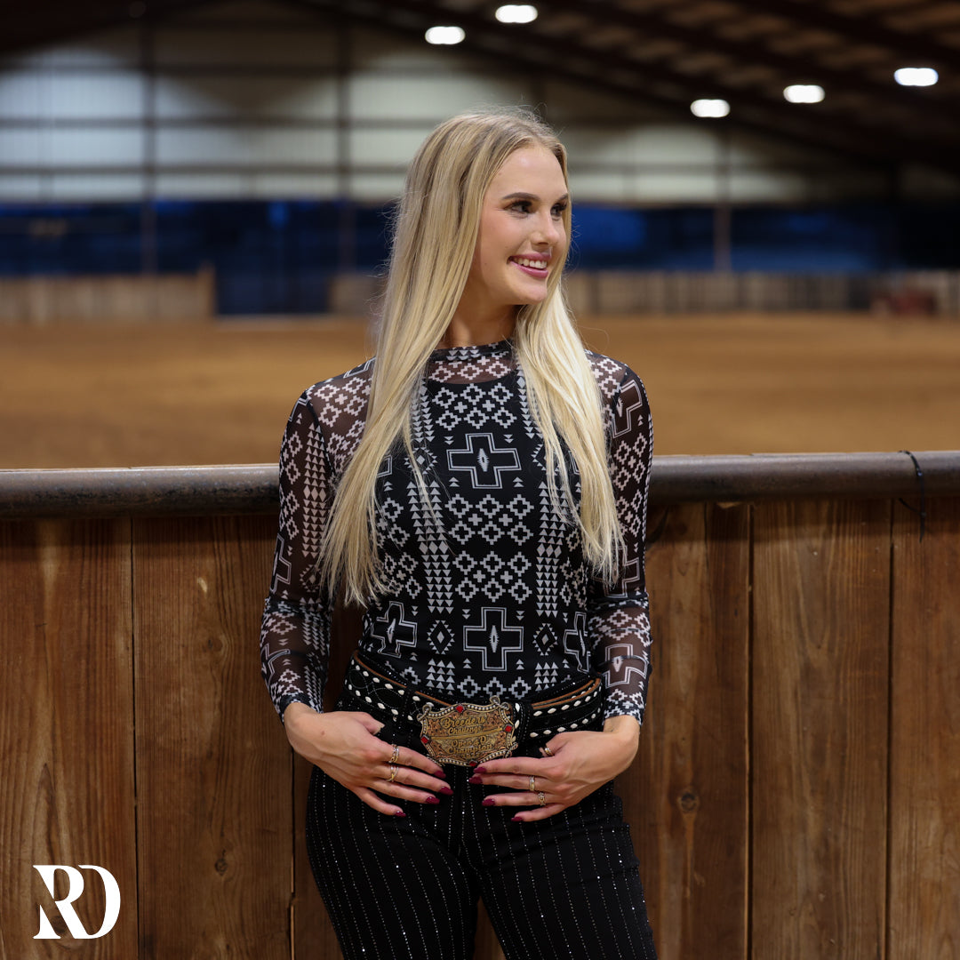 Black And White Aztec Mesh Layering Top — view 2