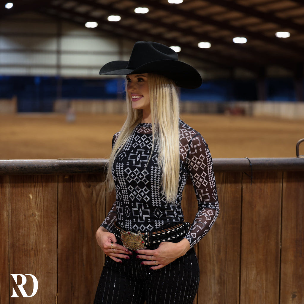 Black And White Aztec Mesh Layering Top