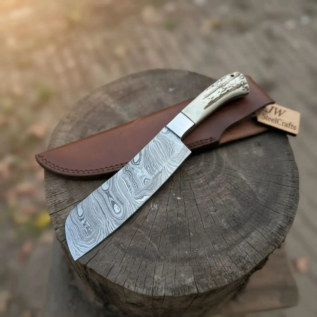 Handmade Damascus Cimeter Butcher Knife with Synthetic Stag Handle