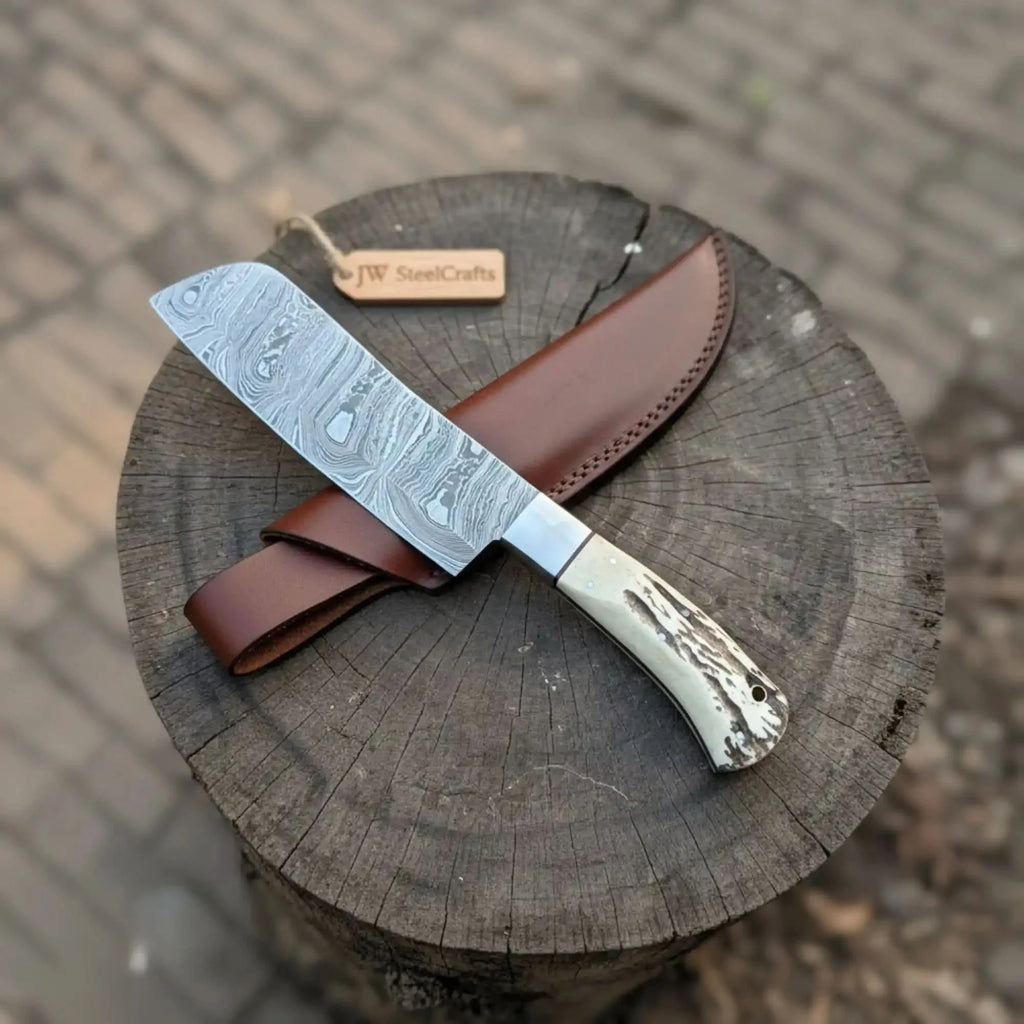 Handmade Damascus Cimeter Butcher Knife with Synthetic Stag Handle