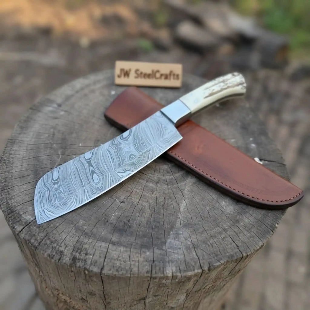 Handmade Damascus Cimeter Butcher Knife with Synthetic Stag Handle