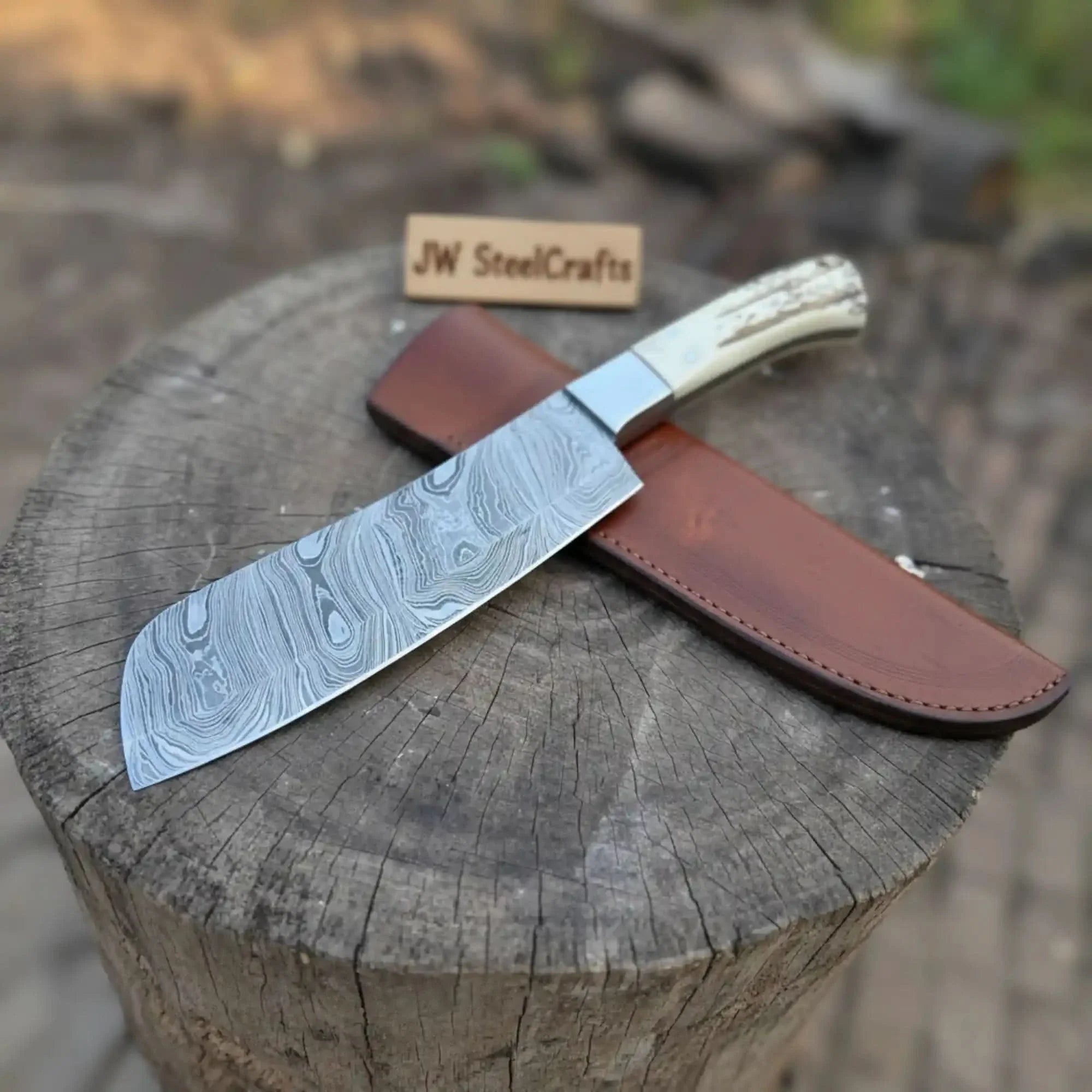 Handmade Damascus Cimeter Butcher Knife with Synthetic Stag Handle