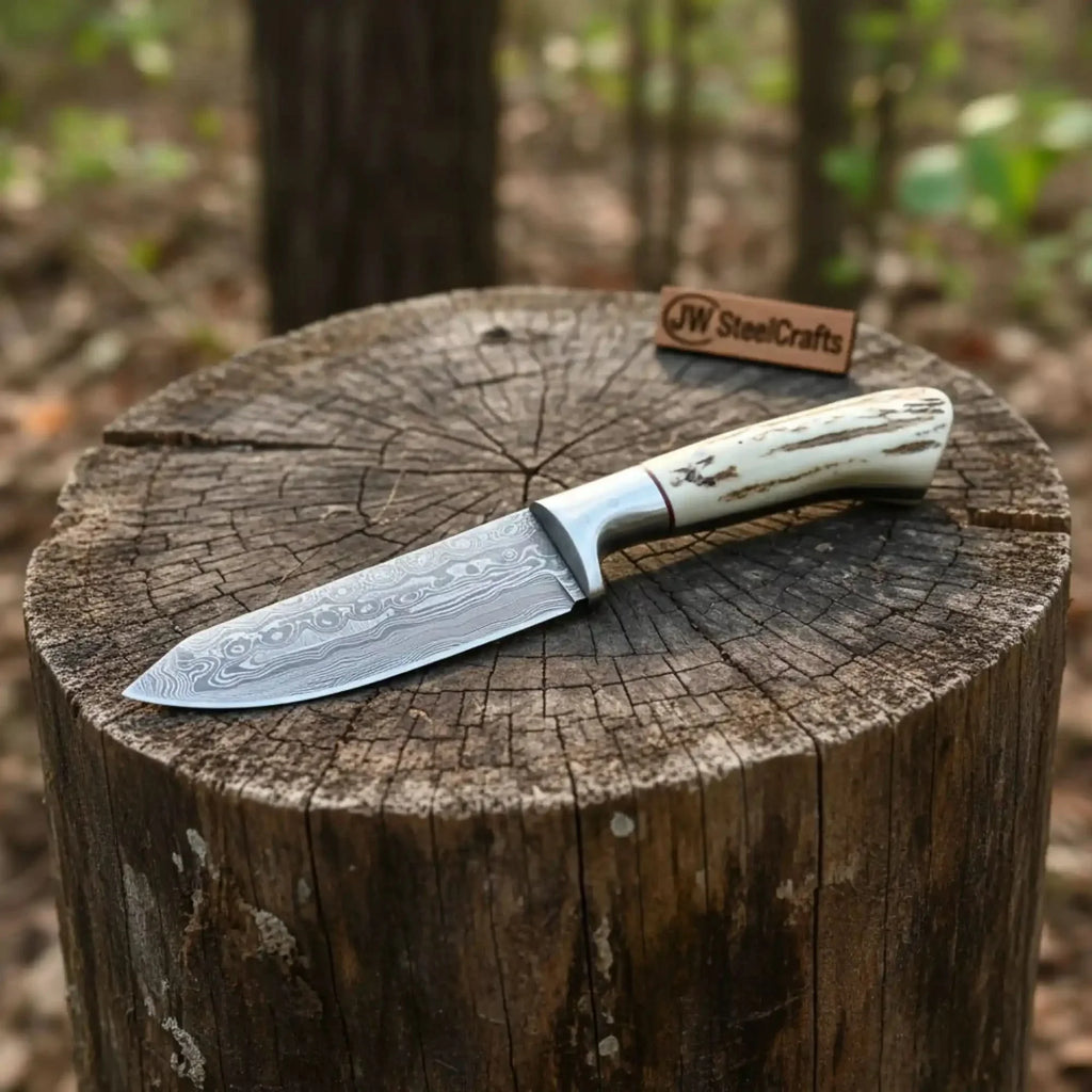 Handmade Damascus Skinner Knife with Synthetic Stag Handle | Full Tang Drop Point Blade