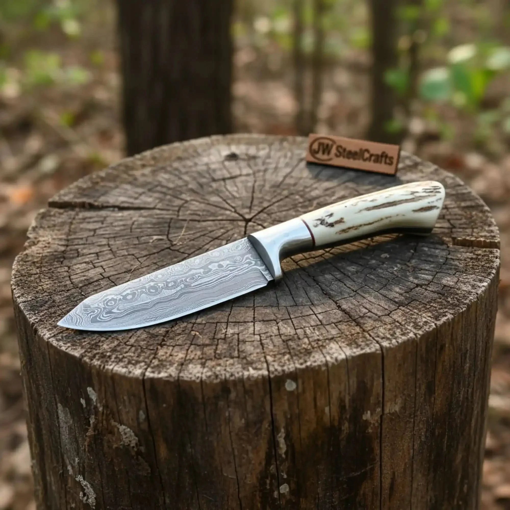 Handmade Damascus Skinner Knife with Synthetic Stag Handle | Full Tang Drop Point Blade