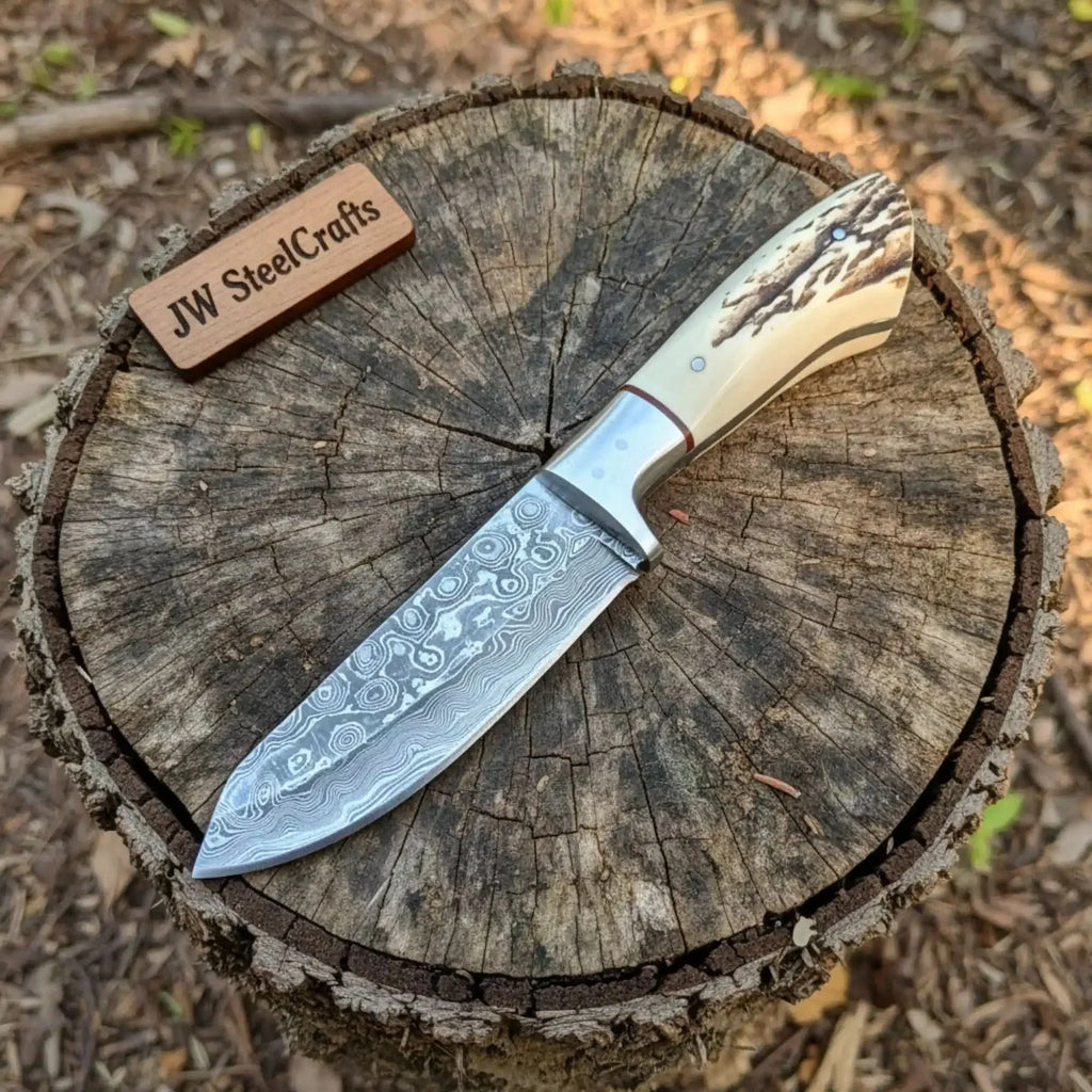 Handmade Damascus Skinner Knife with Synthetic Stag Handle | Full Tang Drop Point Blade