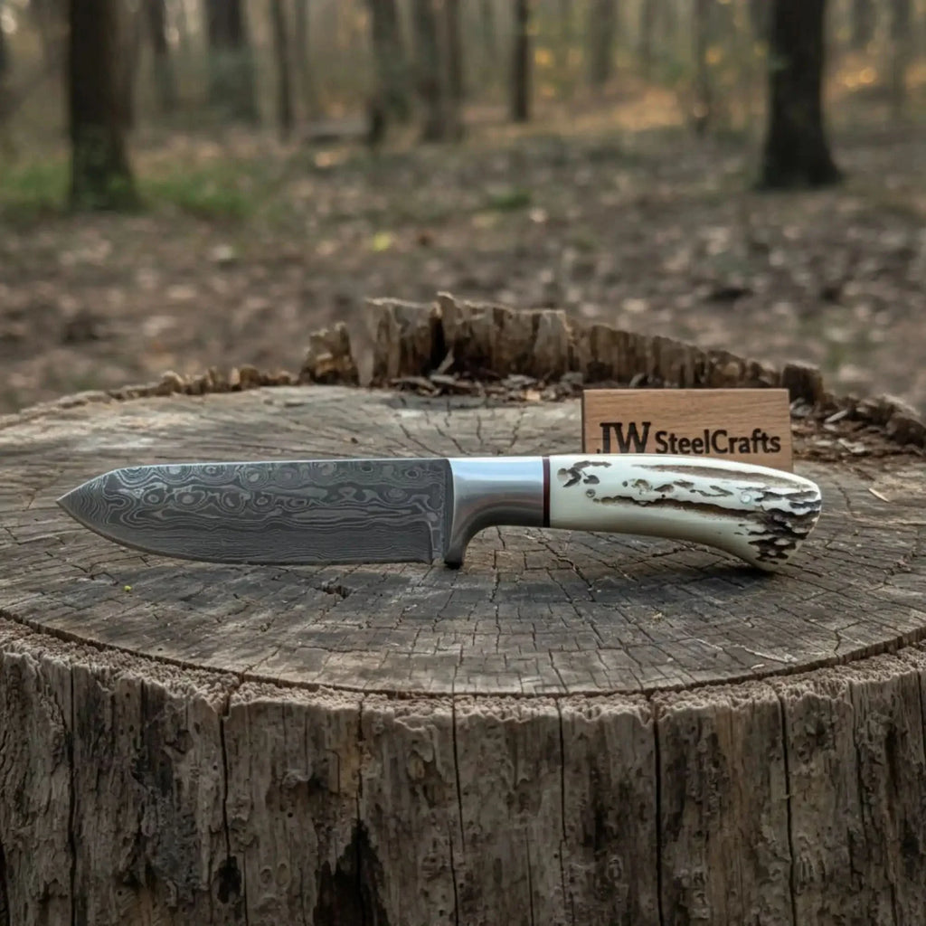 Handmade Damascus Skinner Knife with Synthetic Stag Handle | Full Tang Drop Point Blade