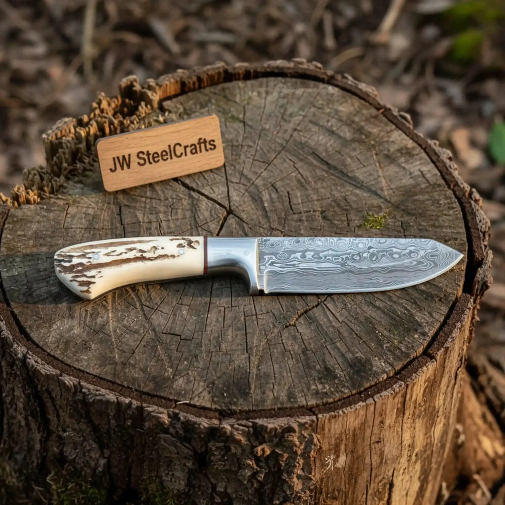 Handmade Damascus Skinner Knife with Synthetic Stag Handle | Full Tang Drop Point Blade