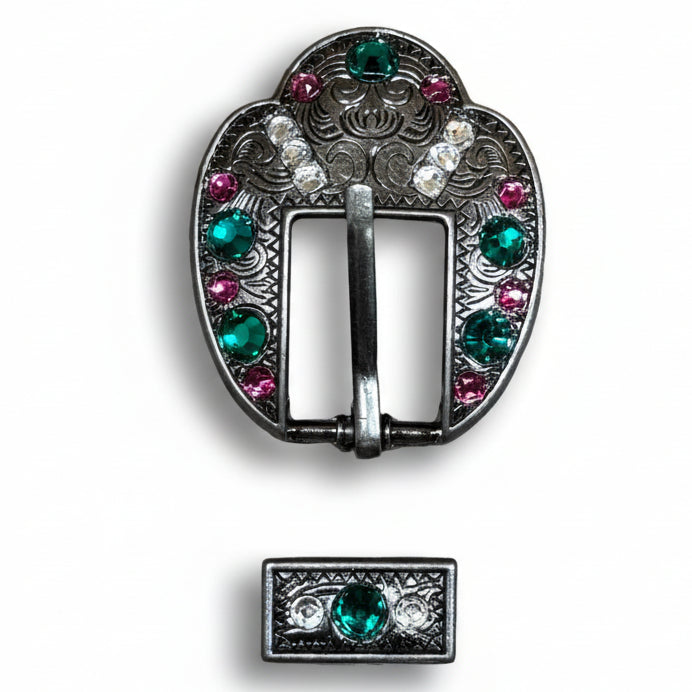 Antique Silver Fuchsia - Clear - Emerald Crystal Conchos | Sizes 1"- 3" | Buckles | Saddle Set | Leather Rosettes | Slide