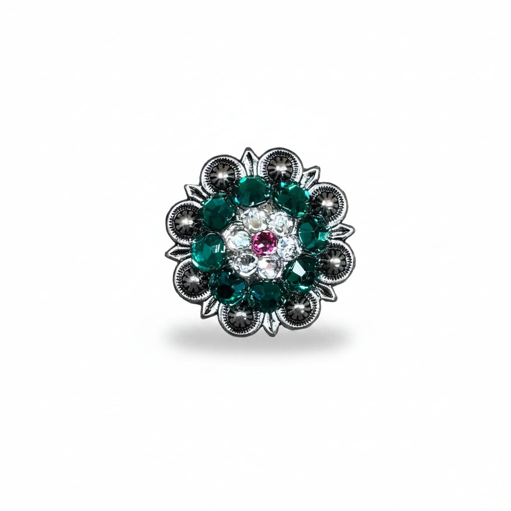 Antique Silver Fuchsia - Clear - Emerald Crystal Conchos | Sizes 1"- 3" | Buckles | Saddle Set | Leather Rosettes | Slide