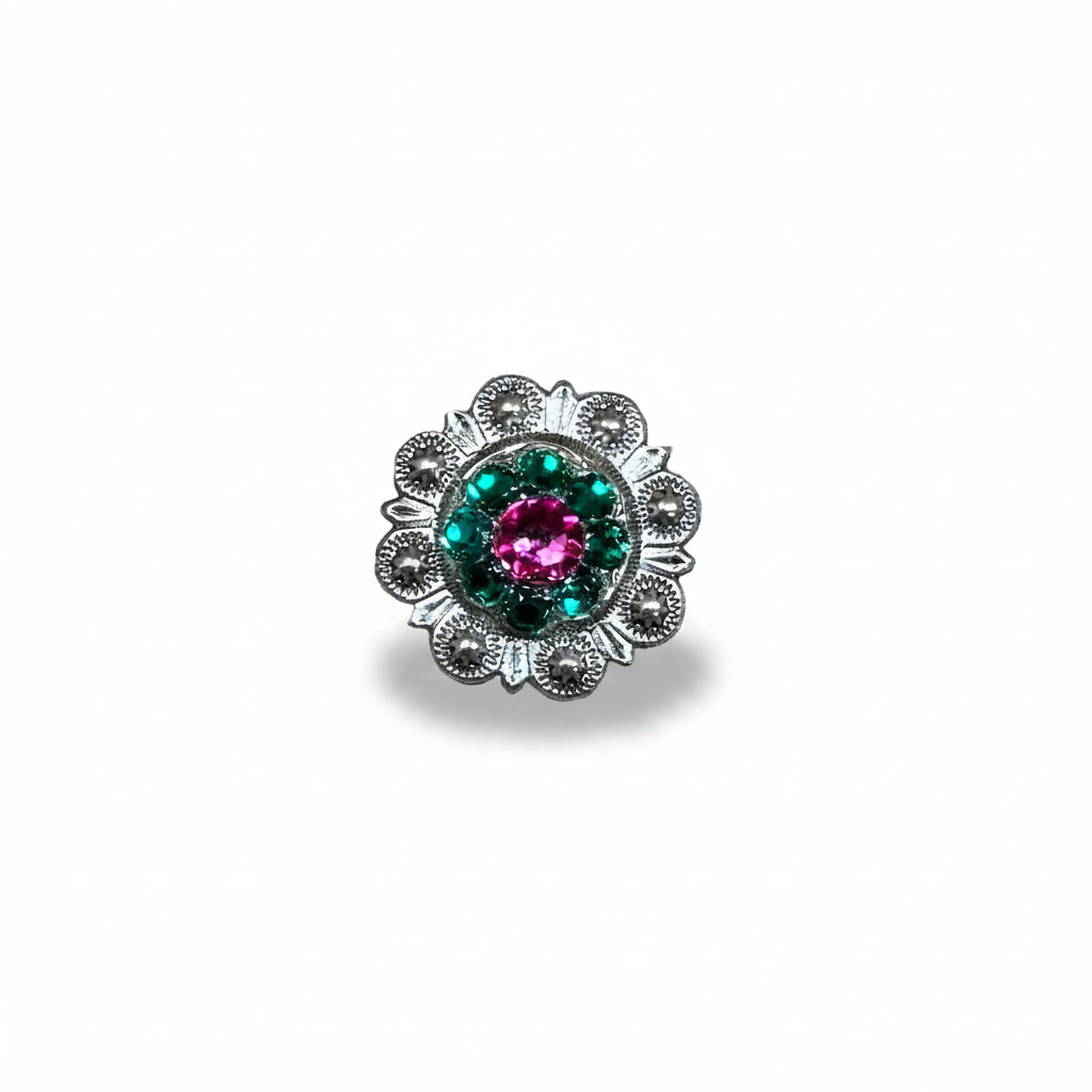 Antique Silver Fuchsia - Clear - Emerald Crystal Conchos | Sizes 1"- 3" | Buckles | Saddle Set | Leather Rosettes | Slide