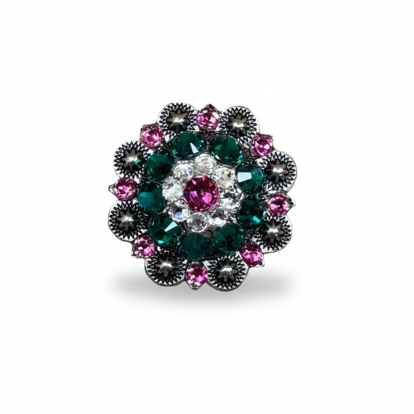 Antique Silver Fuchsia - Clear - Emerald Crystal Conchos | Sizes 1"- 3" | Buckles | Saddle Set | Leather Rosettes | Slide
