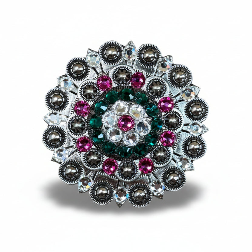 Antique Silver Fuchsia - Clear - Emerald Crystal Conchos | Sizes 1"- 3" | Buckles | Saddle Set | Leather Rosettes | Slide