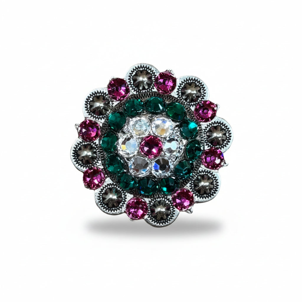 Antique Silver Fuchsia - Clear - Emerald Crystal Conchos | Sizes 1"- 3" | Buckles | Saddle Set | Leather Rosettes | Slide