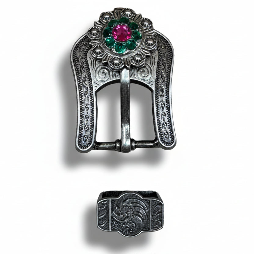 Antique Silver Fuchsia - Clear - Emerald Crystal Conchos | Sizes 1"- 3" | Buckles | Saddle Set | Leather Rosettes | Slide