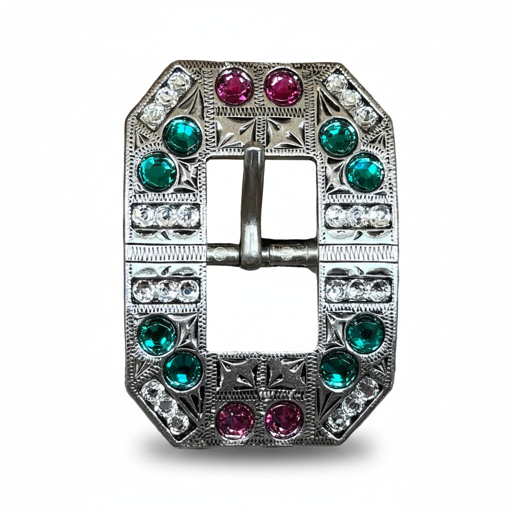 Antique Silver Fuchsia - Clear - Emerald Crystal Conchos | Sizes 1"- 3" | Buckles | Saddle Set | Leather Rosettes | Slide