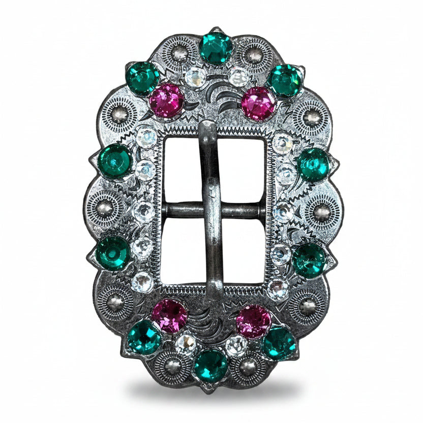 Antique Silver Fuchsia - Clear - Emerald Crystal Conchos | Sizes 1"- 3" | Buckles | Saddle Set | Leather Rosettes | Slide