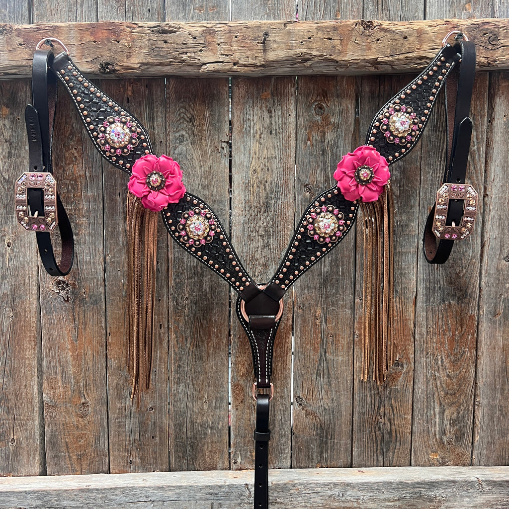 Dark Oil Honeycomb Copper Dot Copper Pink and Champagne Browband / Breastcollar Tack Set #BBBC614 — view 9