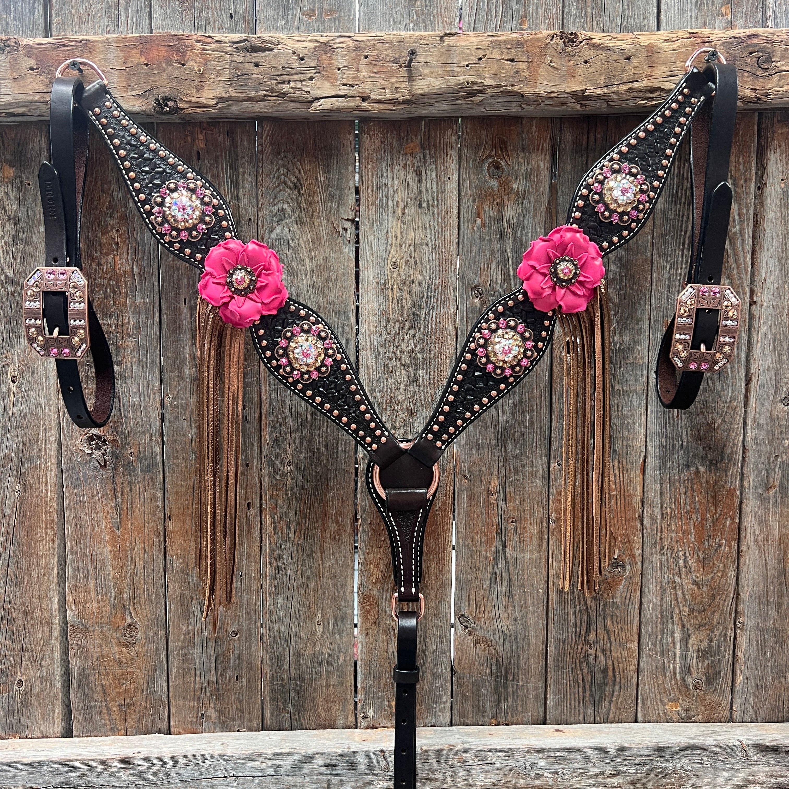 Dark Oil Honeycomb Copper Dot Copper Pink and Champagne Browband / Breastcollar Tack Set #BBBC614 — view 9