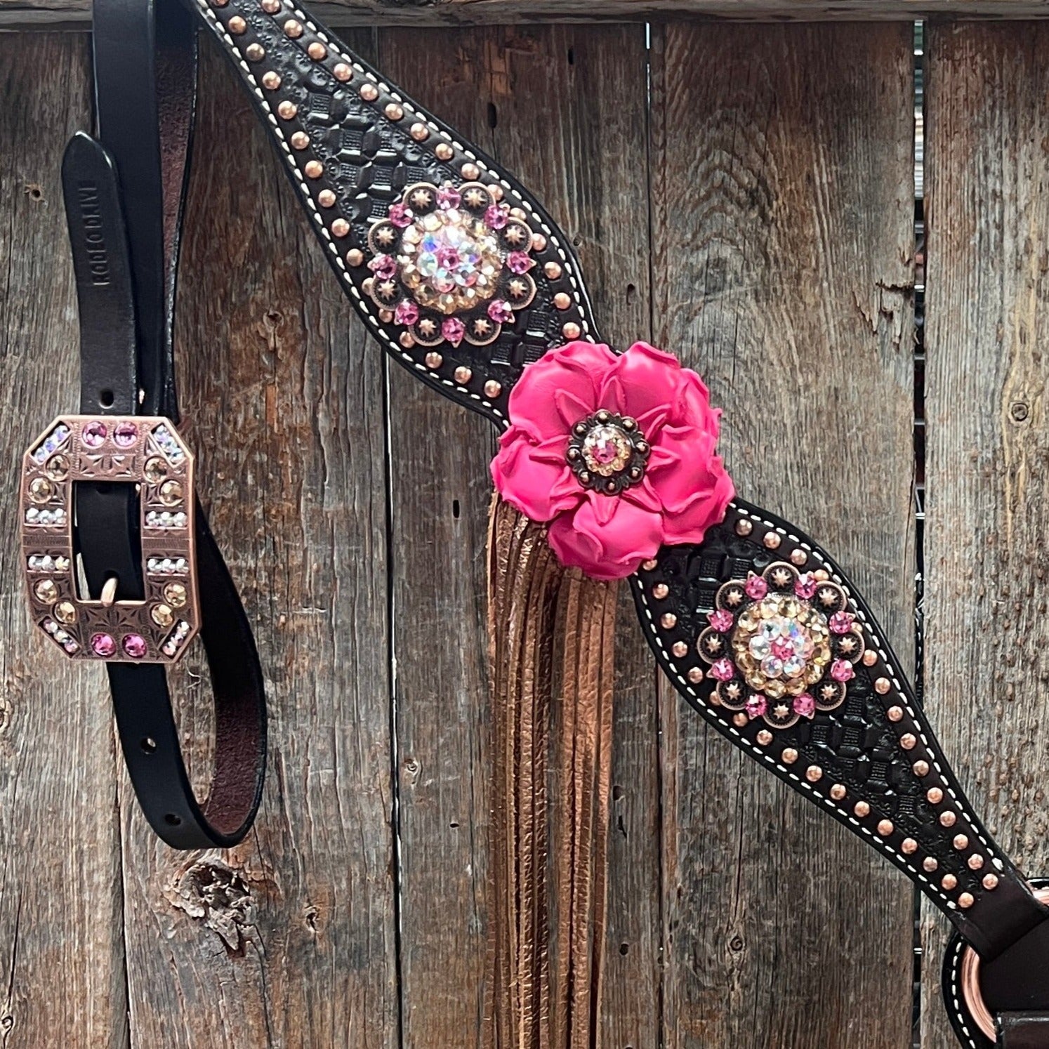 Dark Oil Honeycomb Copper Dot Copper Pink and Champagne Browband / Breastcollar Tack Set #BBBC614 — view 10