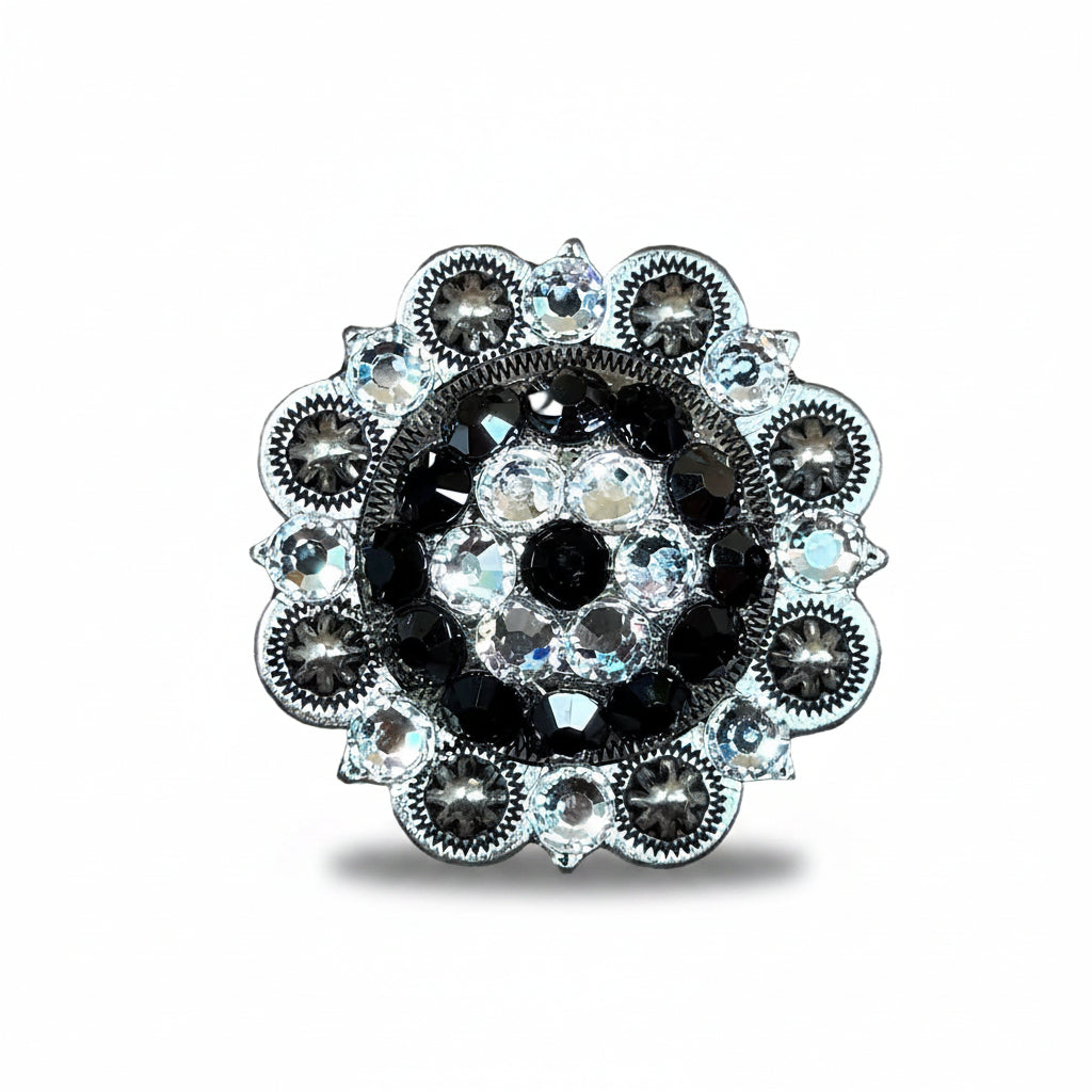 Antique Silver Jet - Clear Crystal Conchos | Sizes 1"- 3" | Buckles | Saddle Set | Leather Rosettes | Slide — view 5