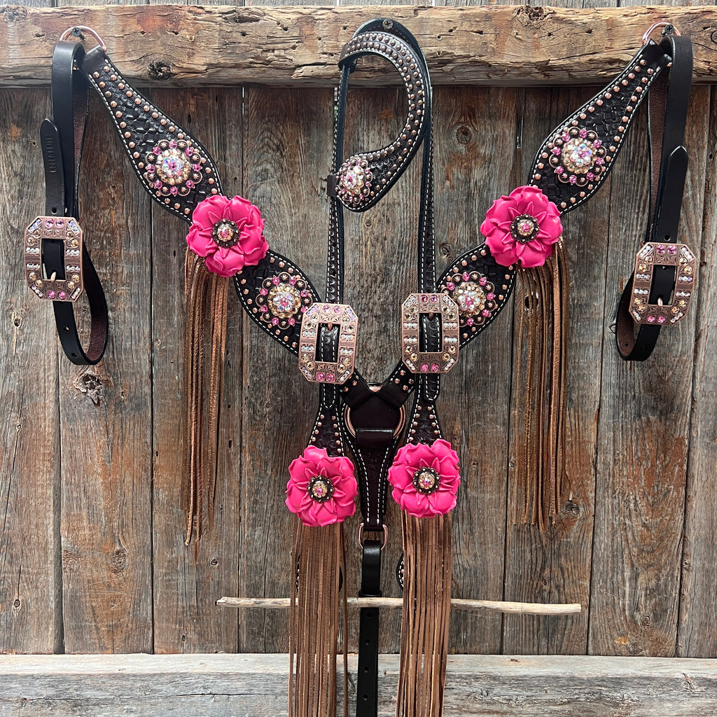 Dark Oil Honeycomb Copper Dot Copper Pink and Champagne Browband / Breastcollar Tack Set #BBBC614 — view 2