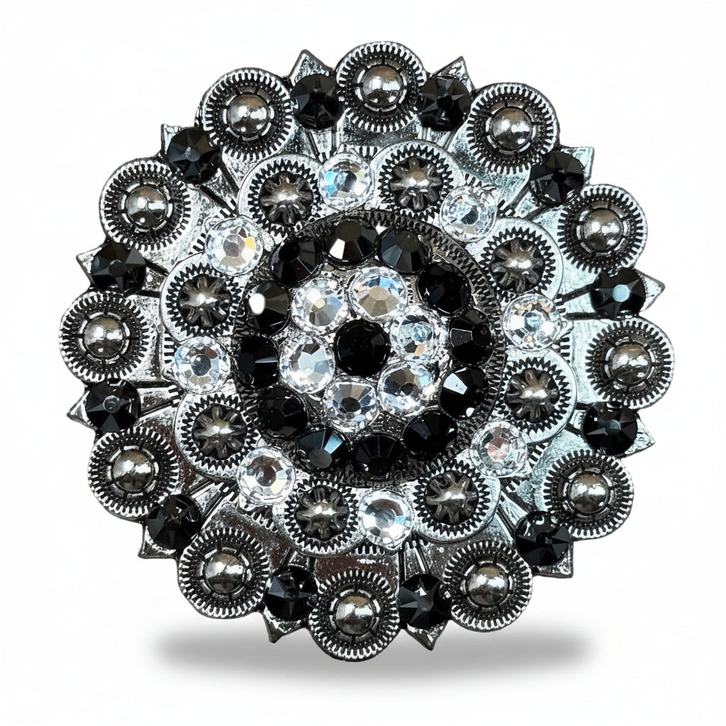 Antique Silver Jet - Clear Crystal Conchos | Sizes 1"- 3" | Buckles | Saddle Set | Leather Rosettes | Slide — view 6