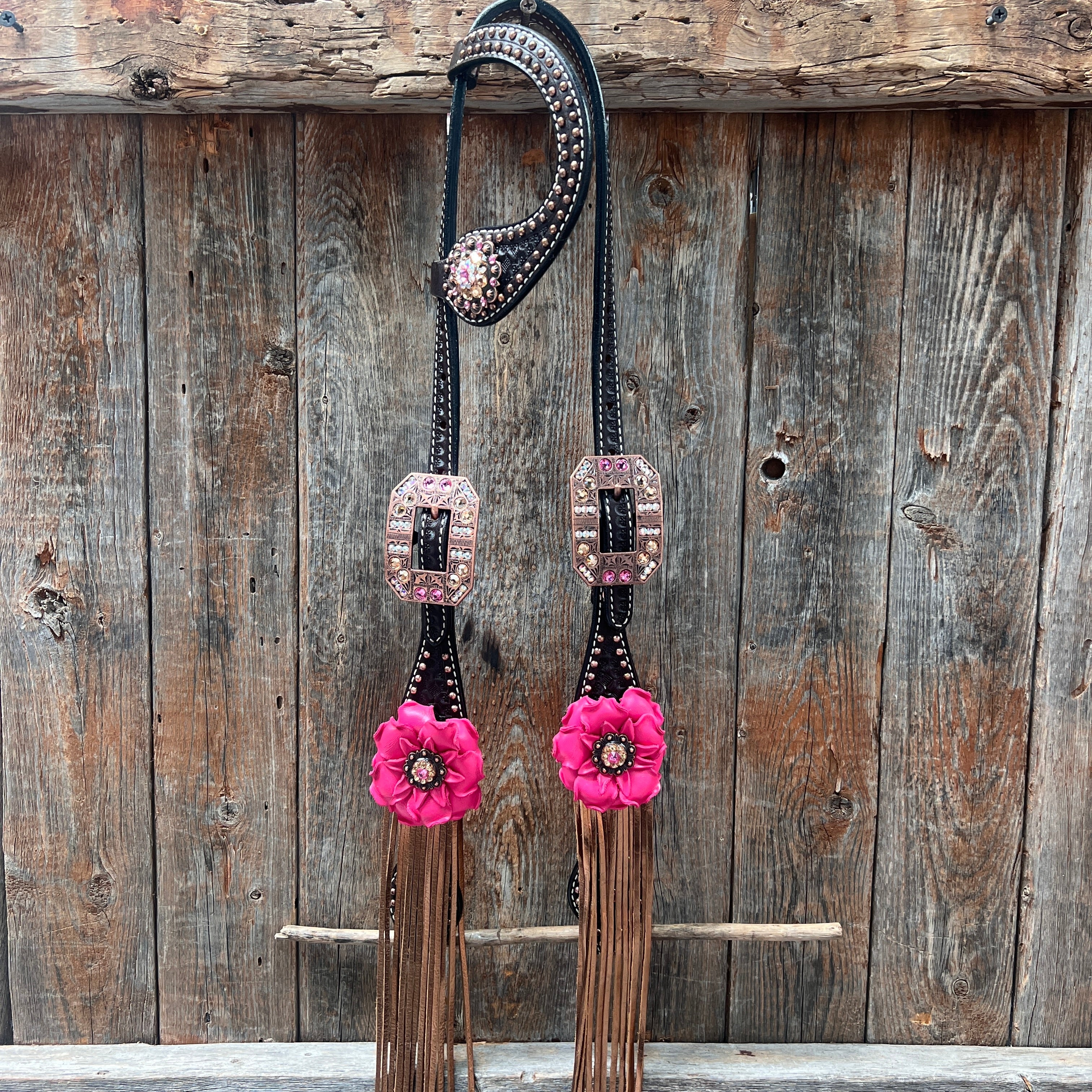 Dark Oil Honeycomb Copper Dot Copper Pink and Champagne Browband / Breastcollar Tack Set #BBBC614 — view 7