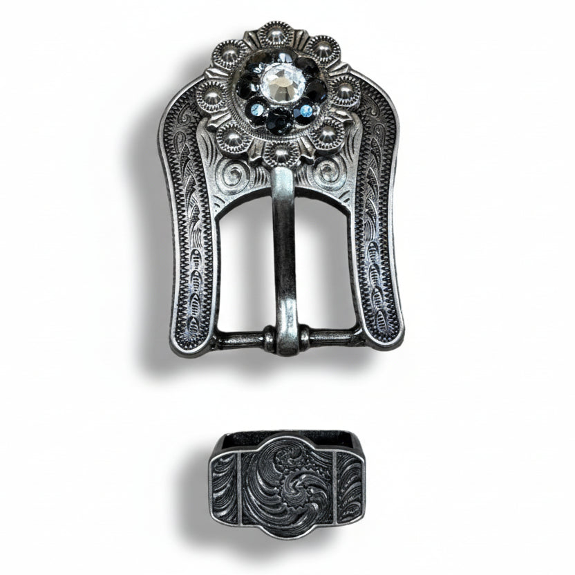 Antique Silver Jet - Clear Crystal Conchos | Sizes 1"- 3" | Buckles | Saddle Set | Leather Rosettes | Slide — view 7