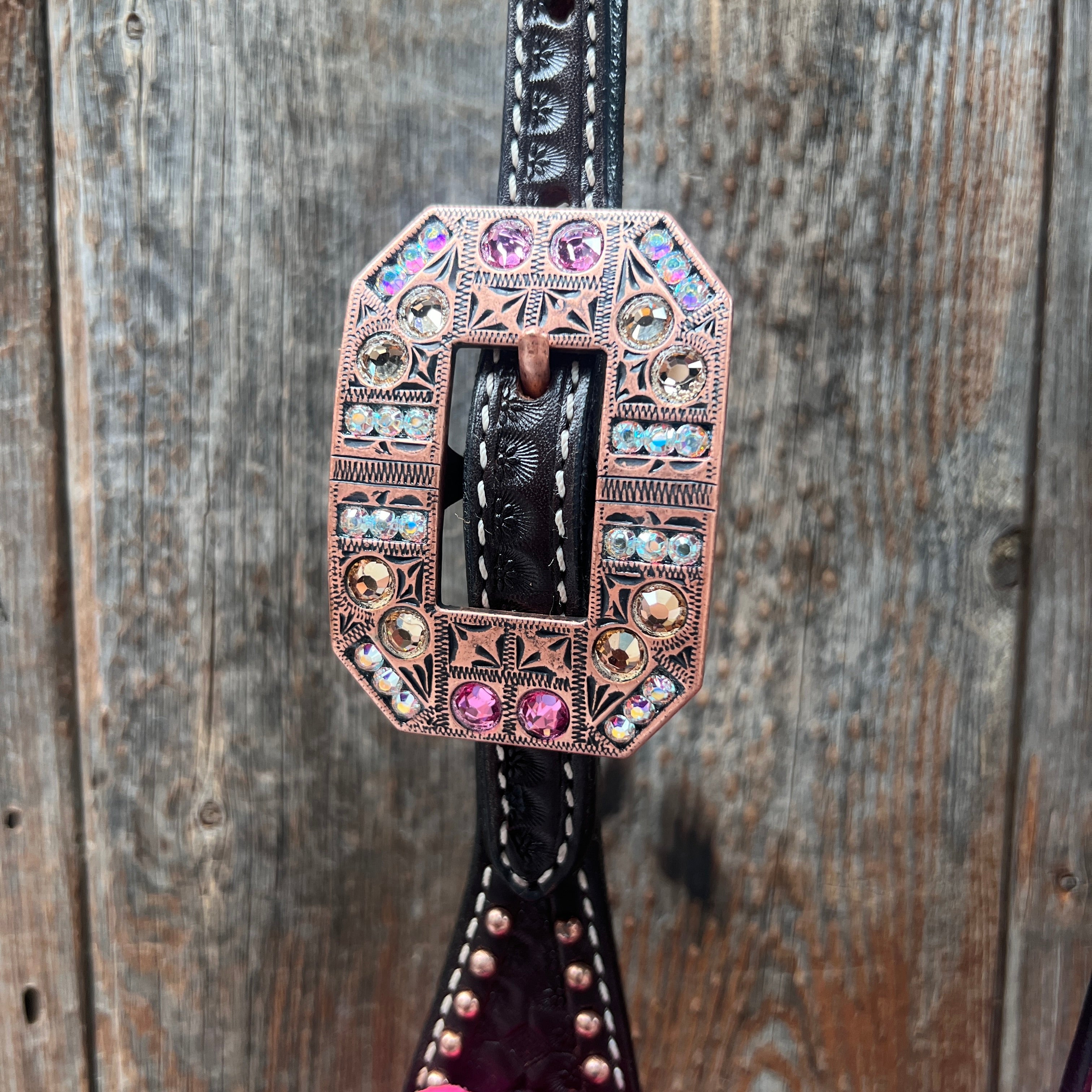 Dark Oil Honeycomb Copper Dot Copper Pink and Champagne Browband / Breastcollar Tack Set #BBBC614 — view 5