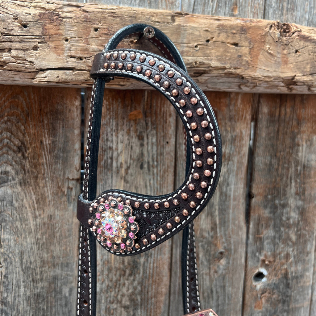 Dark Oil Honeycomb Copper Dot Copper Pink and Champagne Browband / Breastcollar Tack Set #BBBC614 — view 8