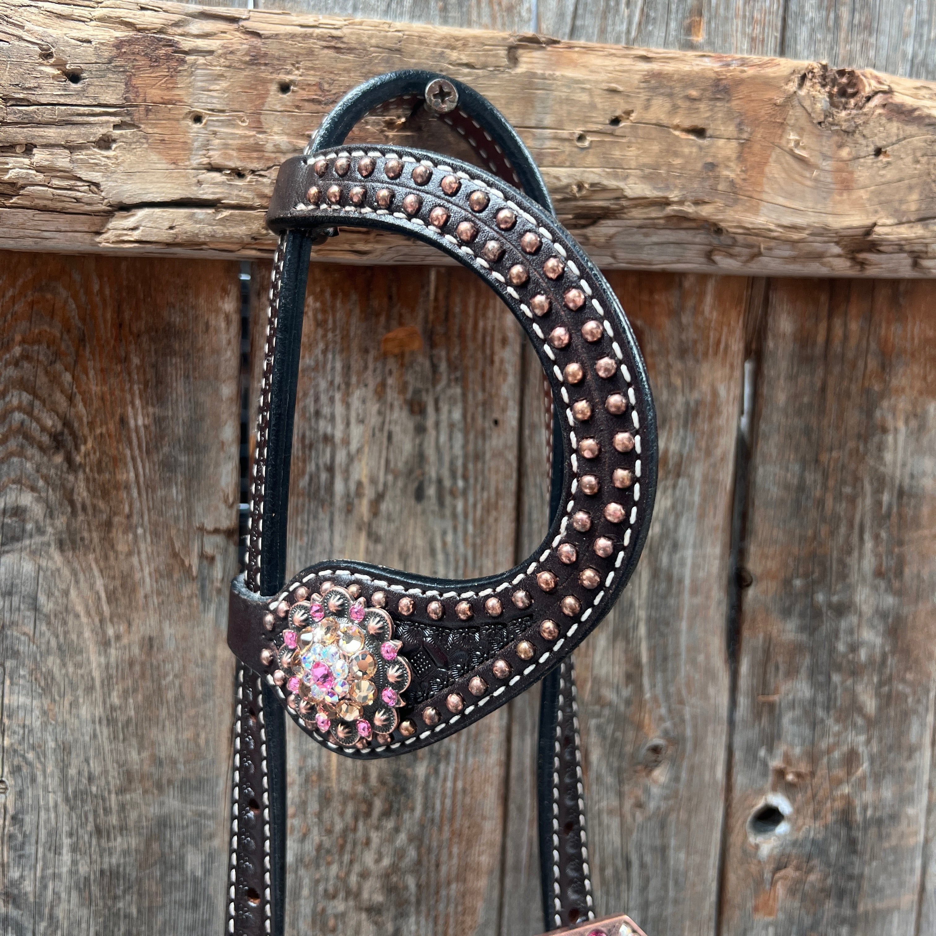 Dark Oil Honeycomb Copper Dot Copper Pink and Champagne Browband / Breastcollar Tack Set #BBBC614 — view 8