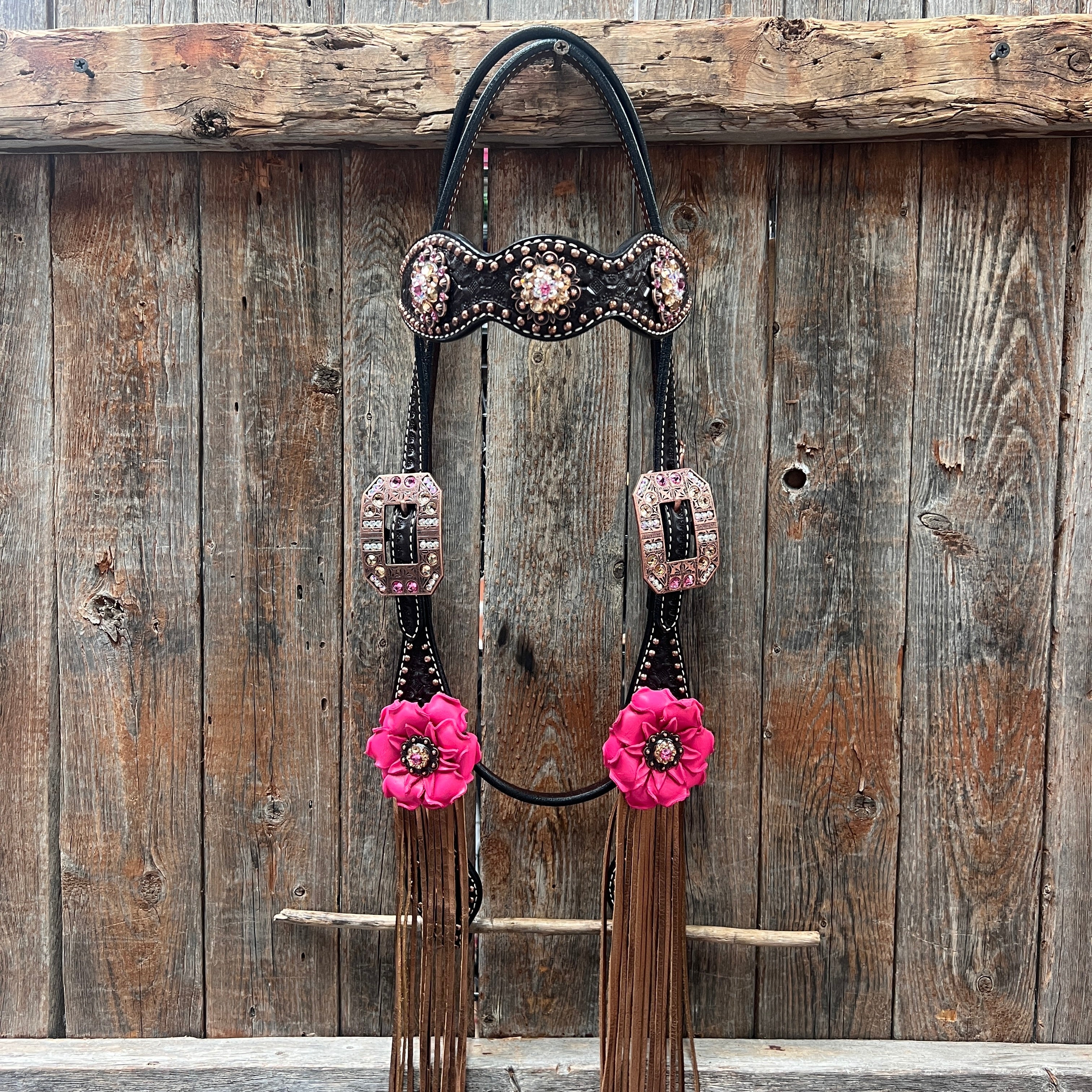 Dark Oil Honeycomb Copper Dot Copper Pink and Champagne Browband / Breastcollar Tack Set #BBBC614 — view 3