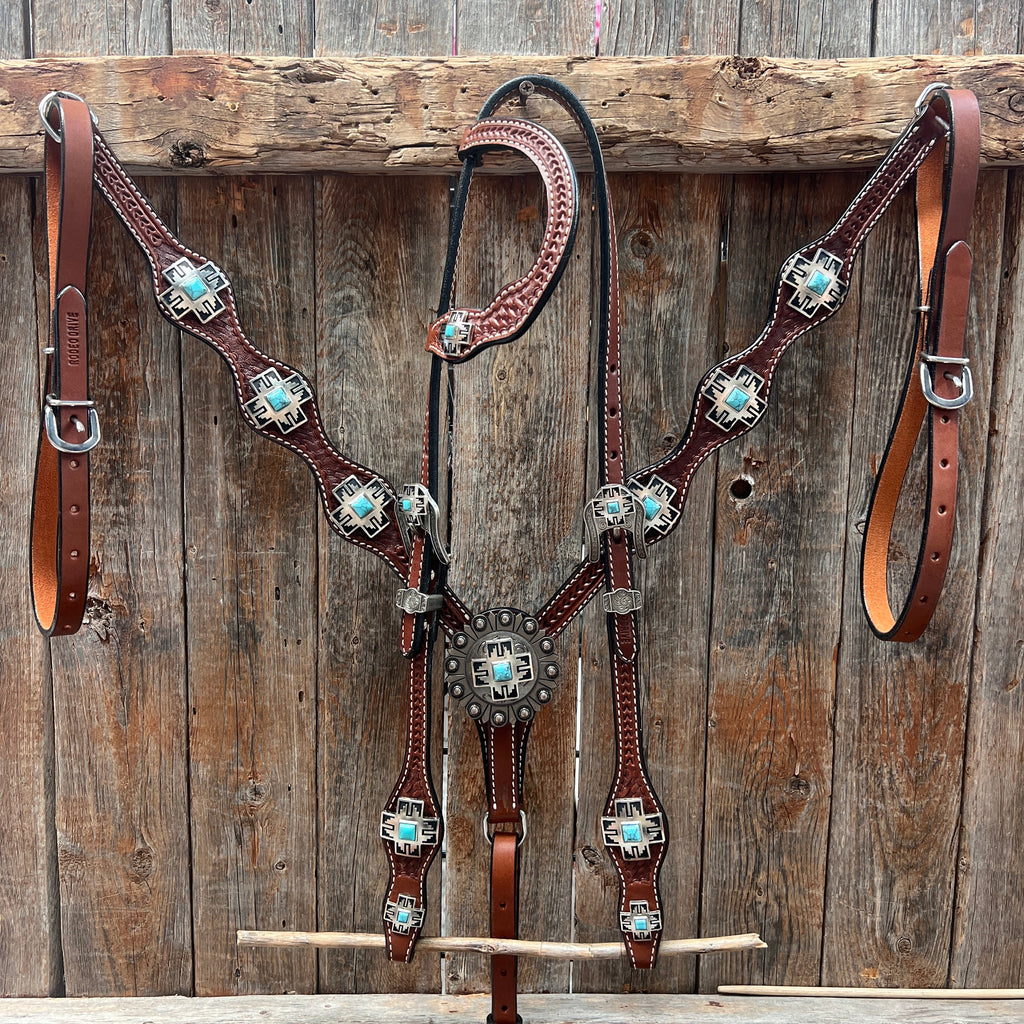 Medium Oil Turquoise Cross Browband/One Ear Headstall Breastcollar Tack Set BBBC1060 — view 2