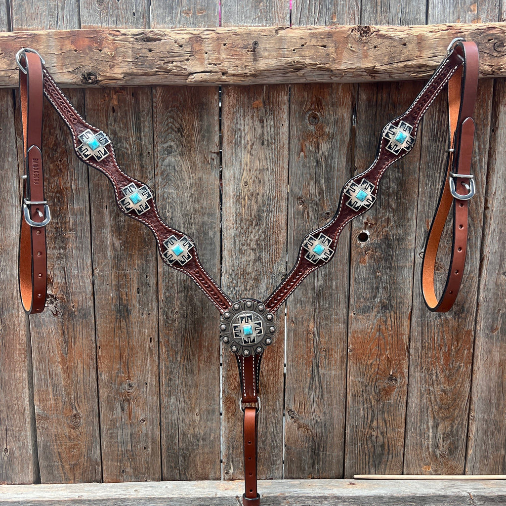 Medium Oil Turquoise Cross Browband/One Ear Headstall Breastcollar Tack Set BBBC1060 — view 9