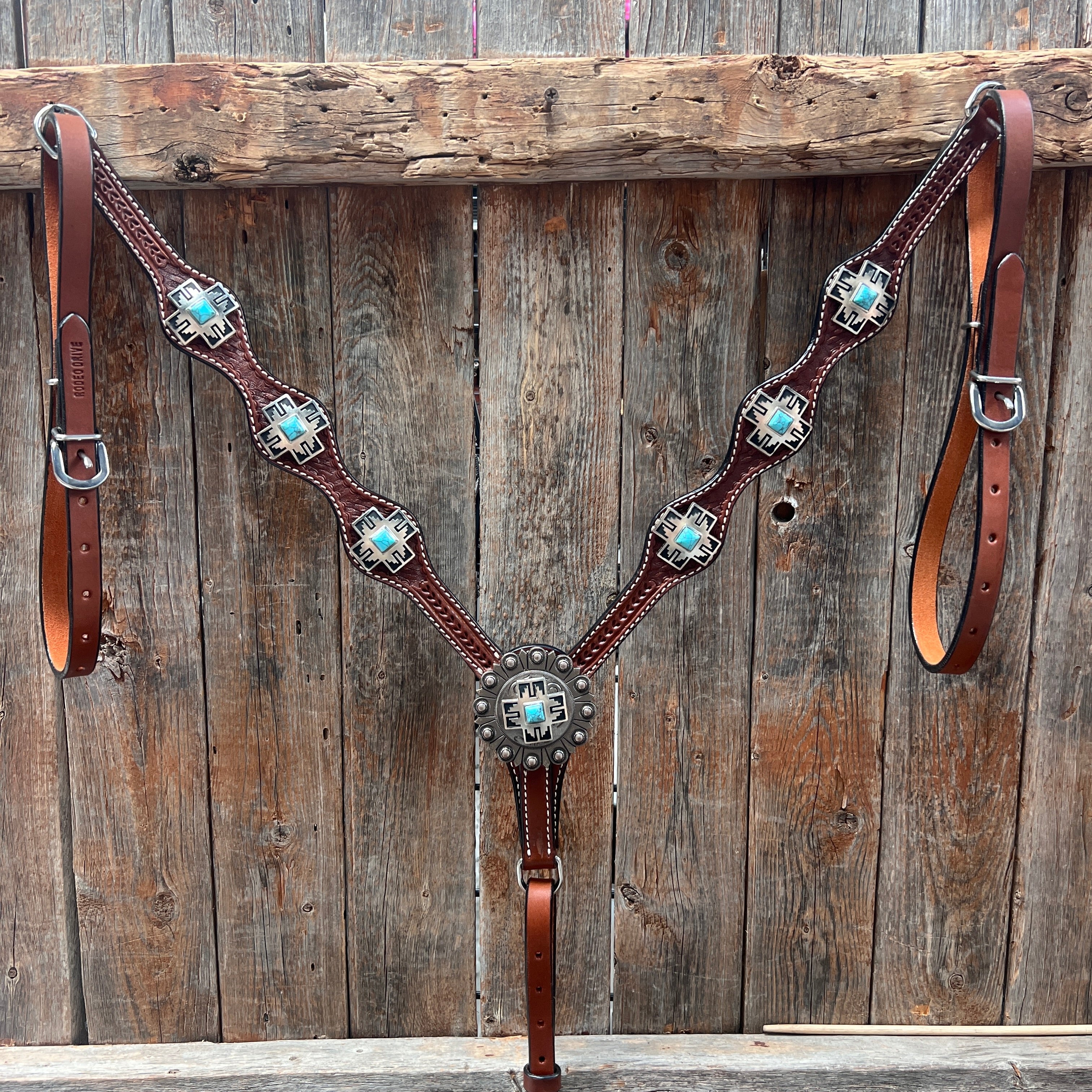 Medium Oil Turquoise Cross Browband/One Ear Headstall Breastcollar Tack Set BBBC1060 — view 9