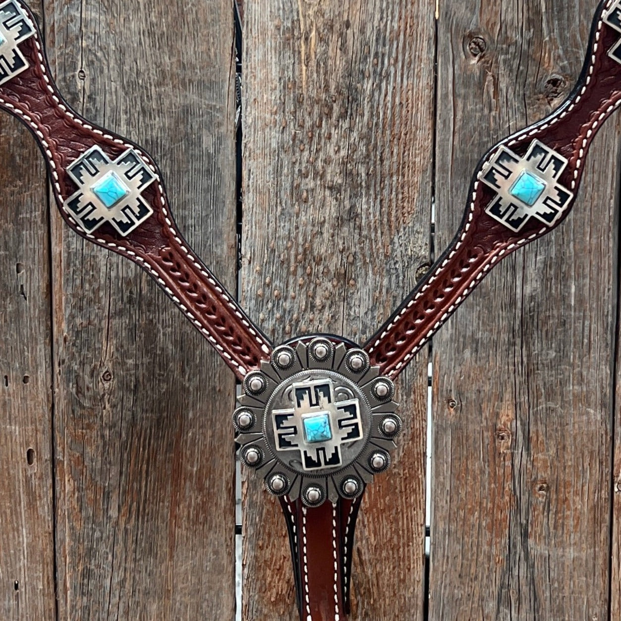 Medium Oil Turquoise Cross Browband/One Ear Headstall Breastcollar Tack Set BBBC1060 — view 10