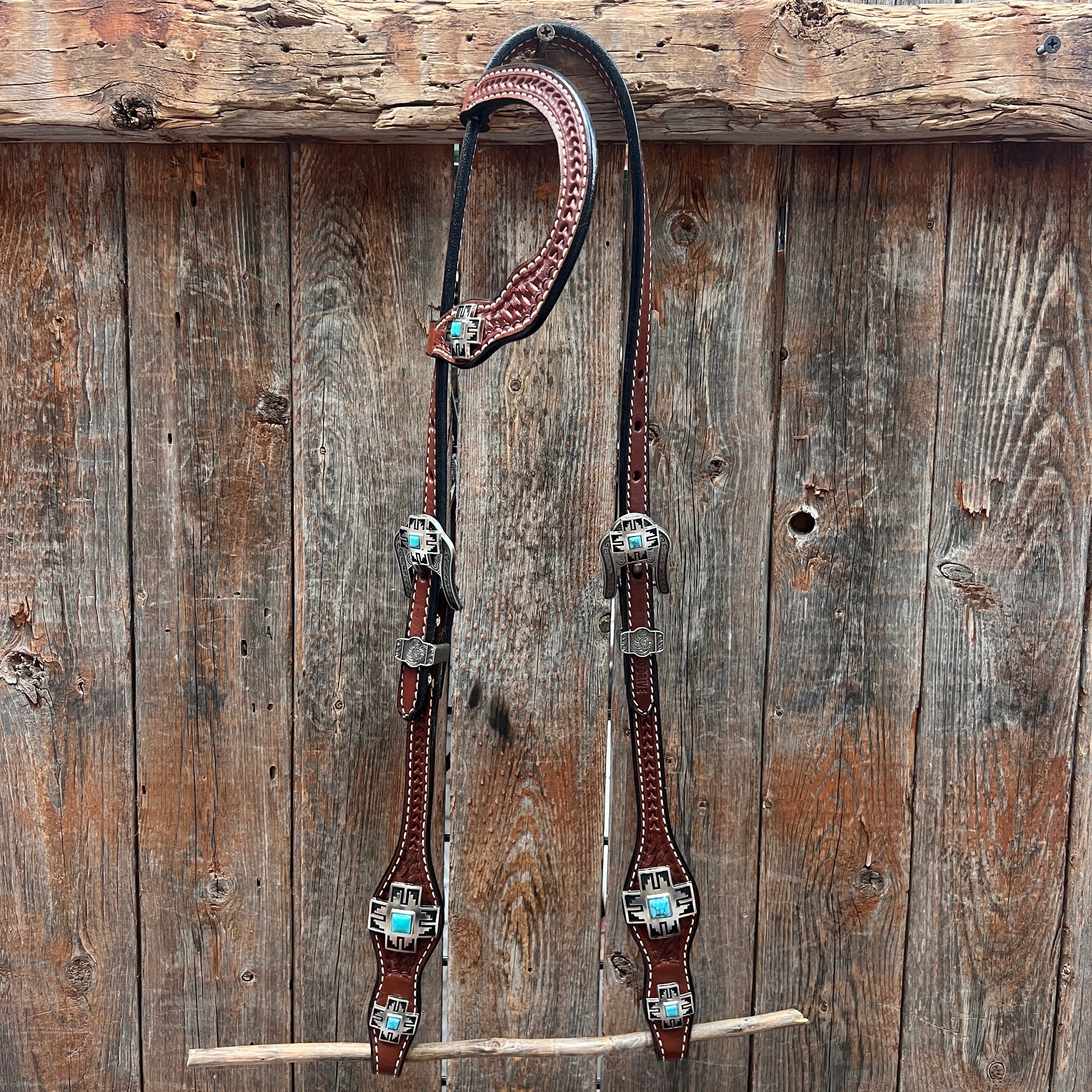 Medium Oil Turquoise Cross Browband/One Ear Headstall Breastcollar Tack Set BBBC1060 — view 7