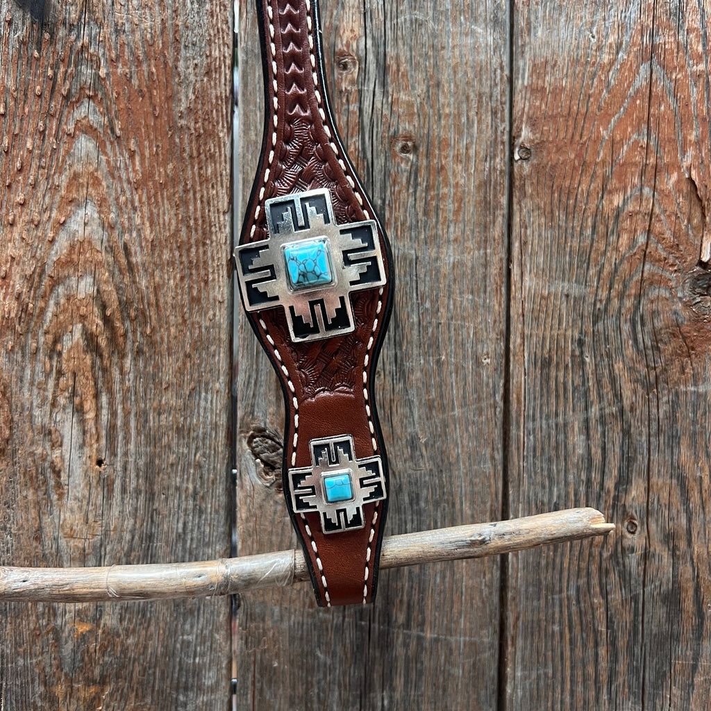 Medium Oil Turquoise Cross Browband/One Ear Headstall Breastcollar Tack Set BBBC1060 — view 6