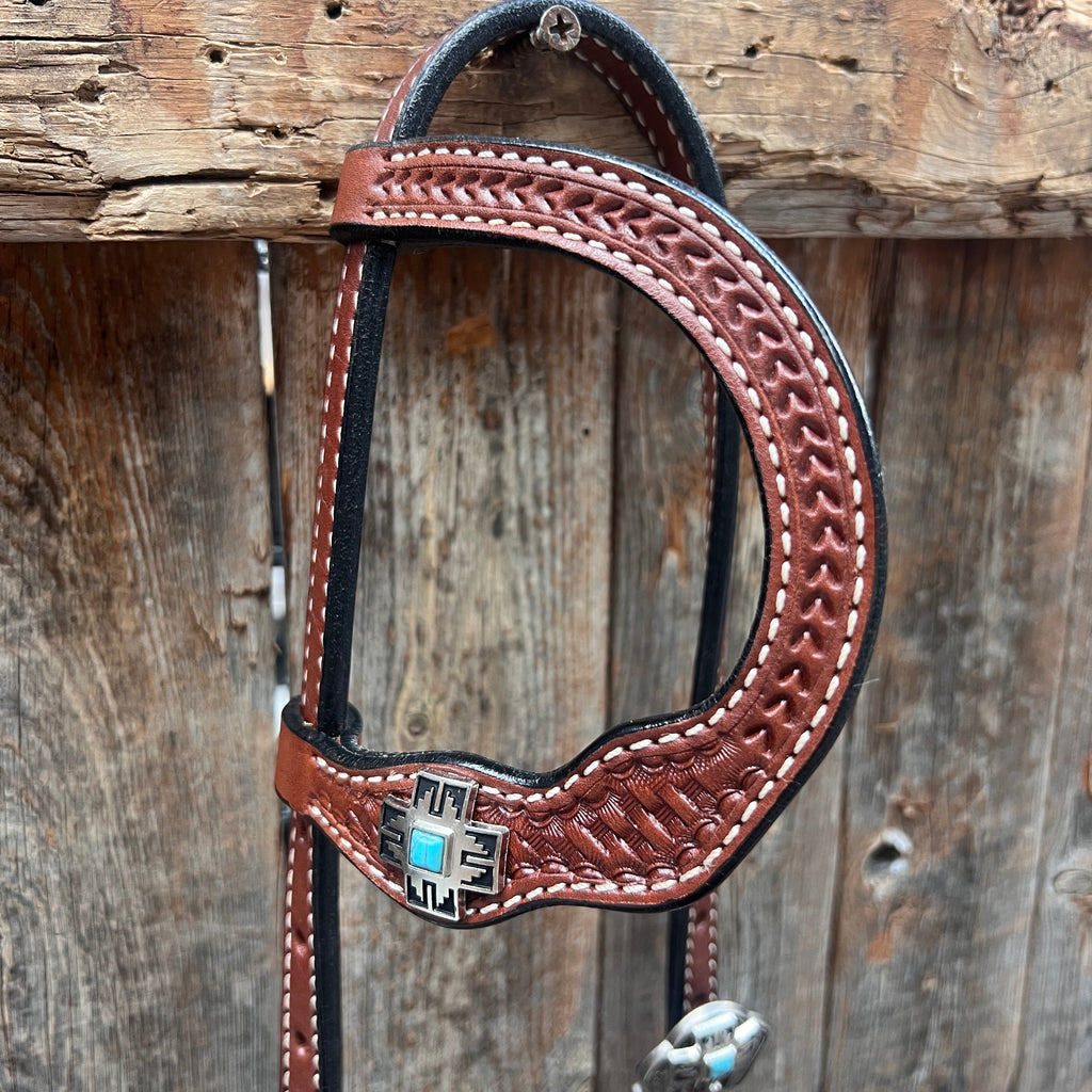 Medium Oil Turquoise Cross Browband/One Ear Headstall Breastcollar Tack Set BBBC1060 — view 8