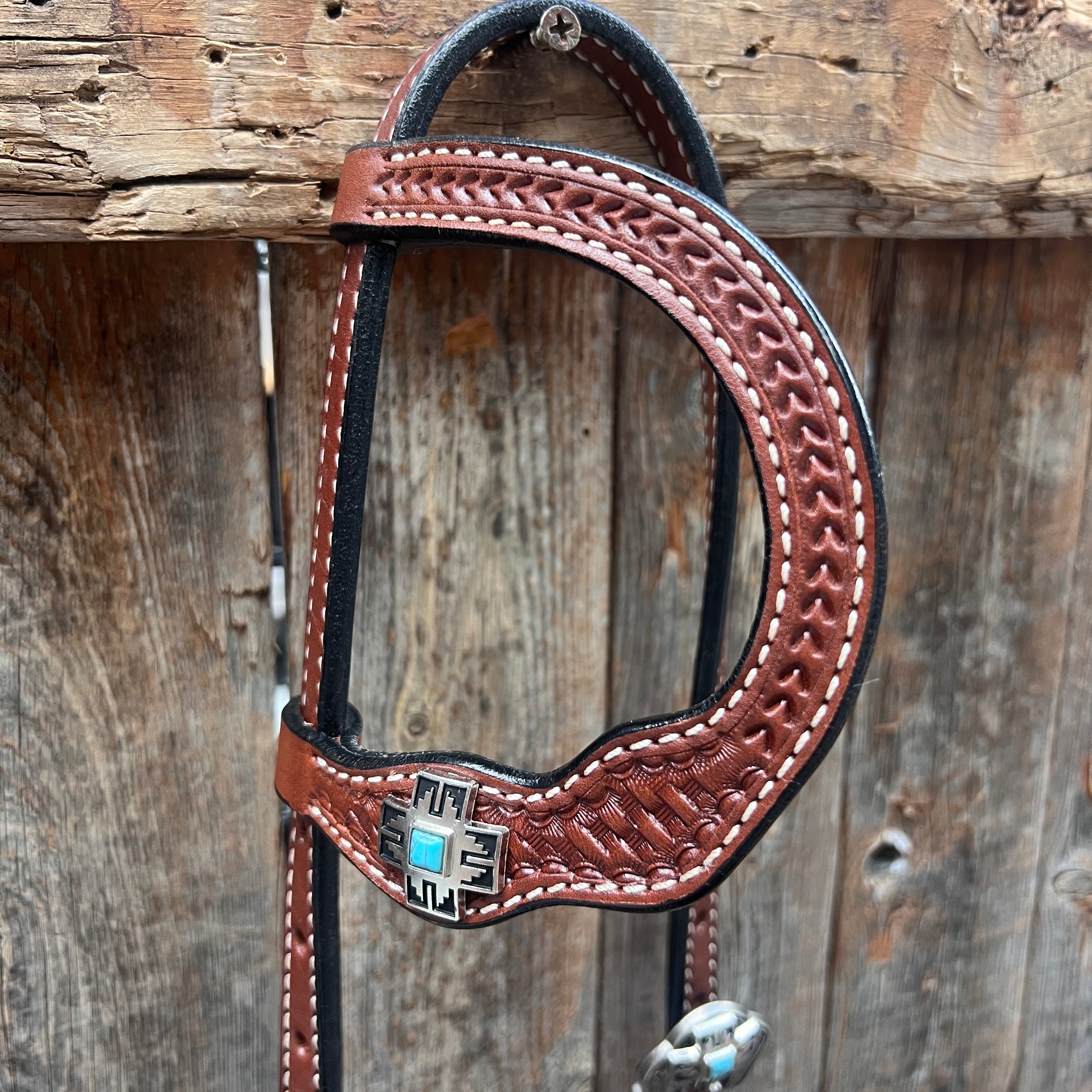 Medium Oil Turquoise Cross Browband/One Ear Headstall Breastcollar Tack Set BBBC1060 — view 8