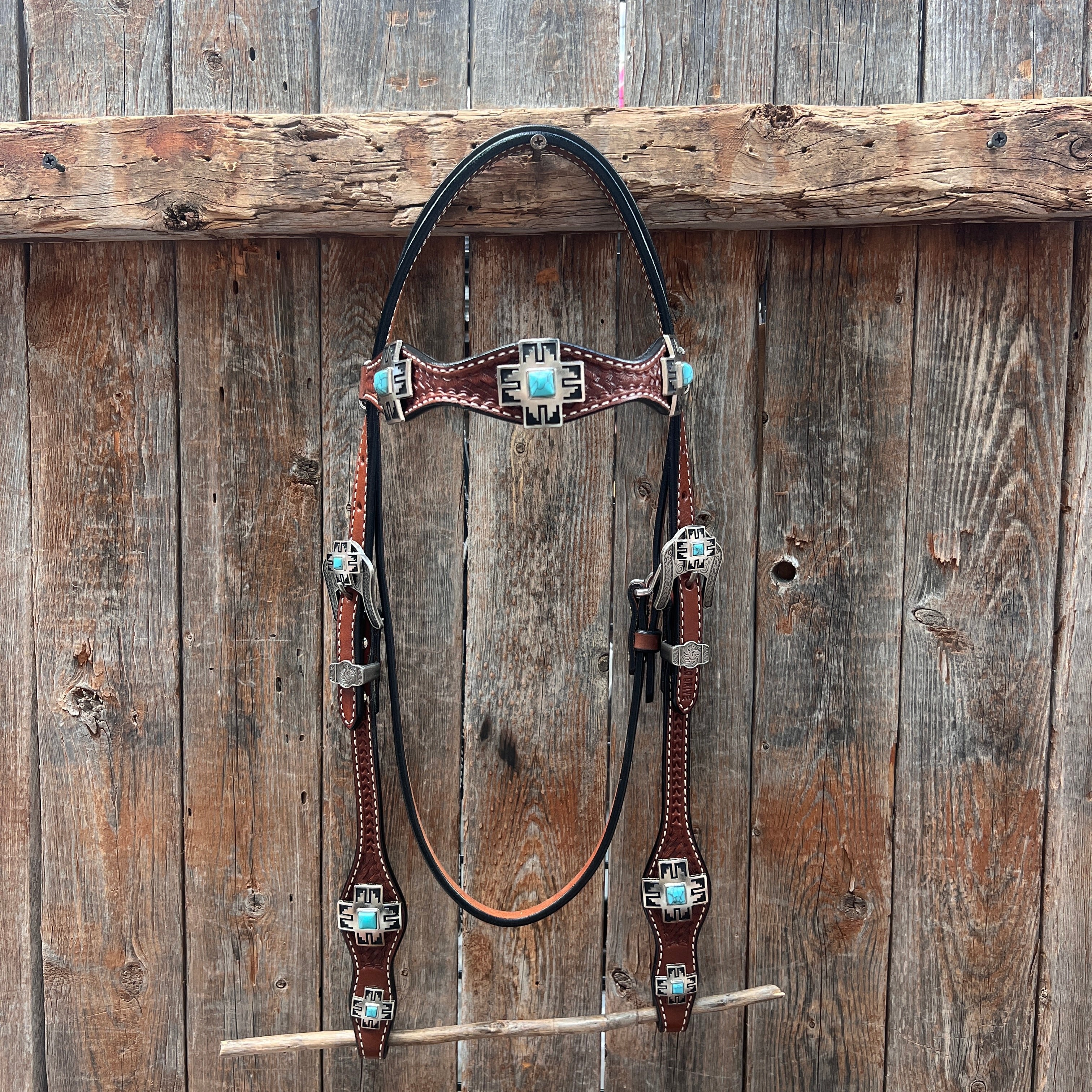 Medium Oil Turquoise Cross Browband/One Ear Headstall Breastcollar Tack Set BBBC1060 — view 3