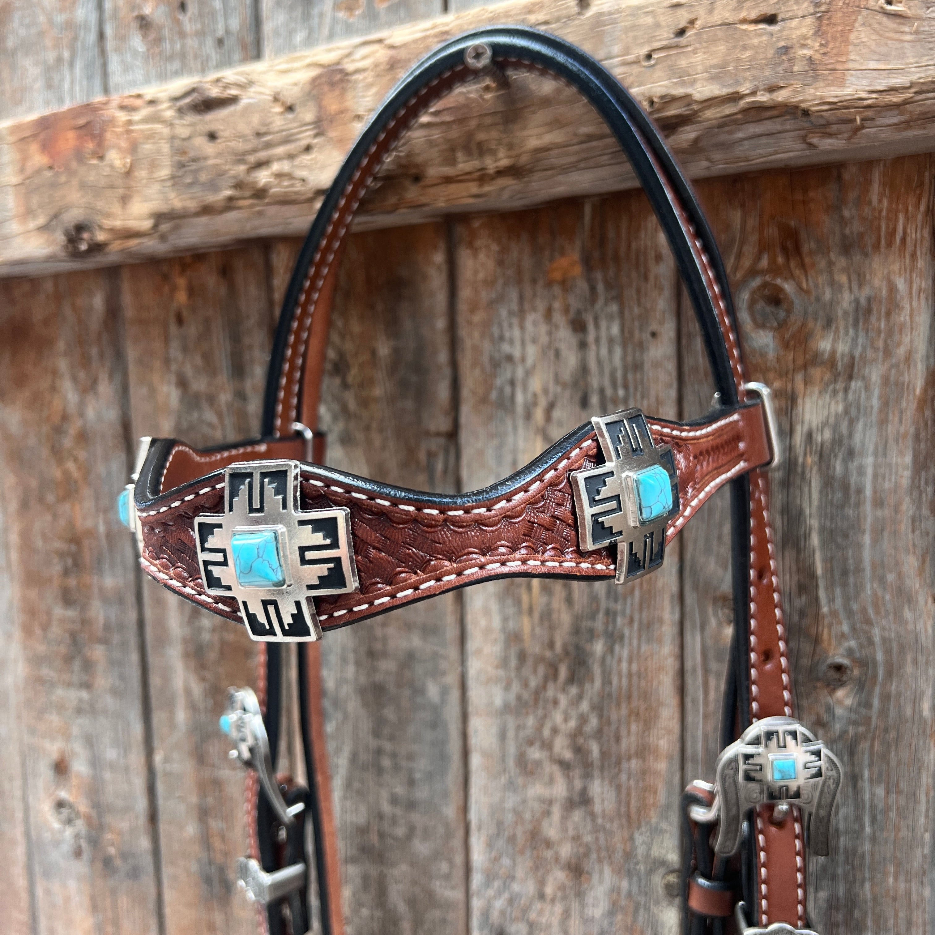 Medium Oil Turquoise Cross Browband/One Ear Headstall Breastcollar Tack Set BBBC1060 — view 4