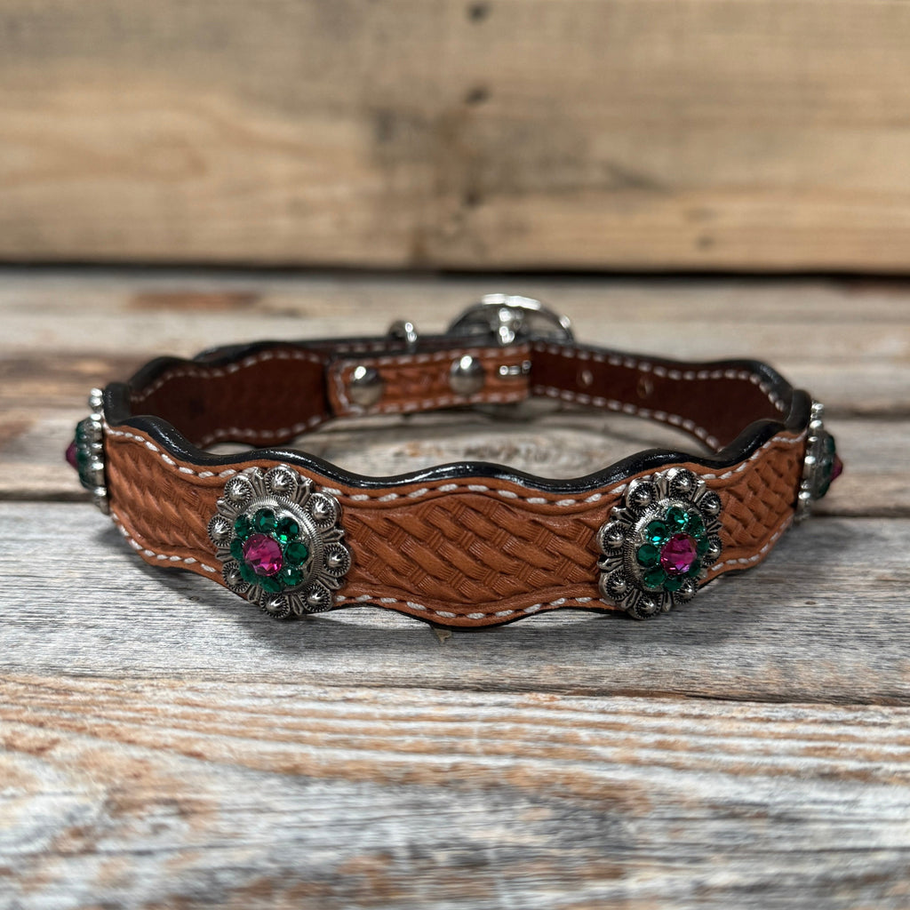 Genuine Leather Dog Collar With Antique Silver Fuchsia and Emerald Conchos 10" to 22" -DC74 — view 2