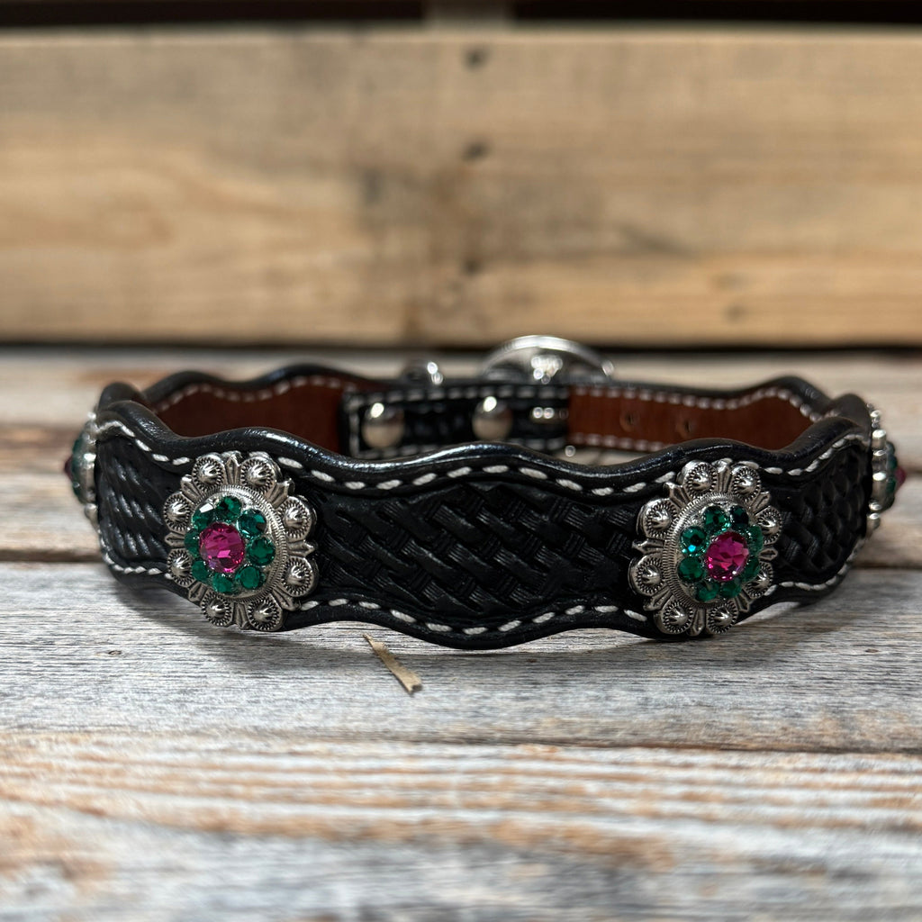 Genuine Leather Dog Collar With Antique Silver Fuchsia and Emerald Conchos 10" to 22" -DC74 — view 4