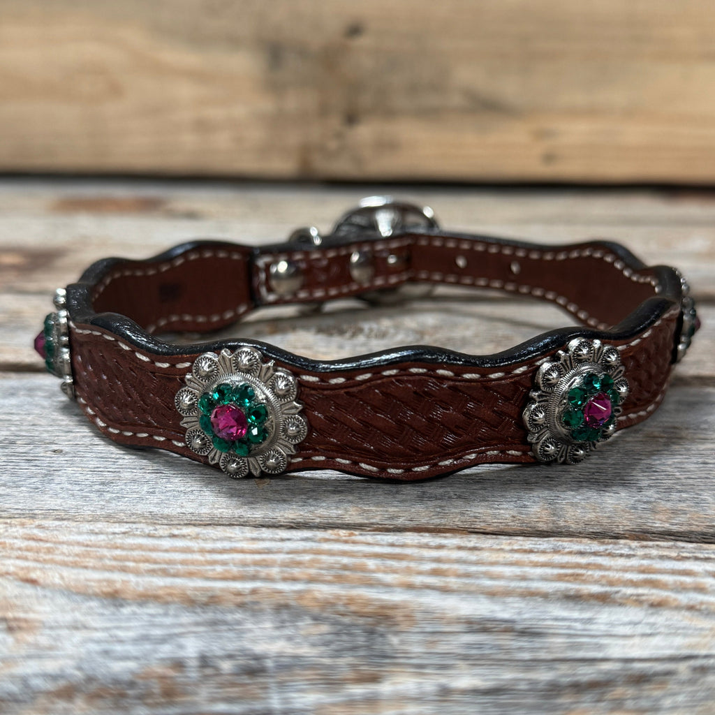 Genuine Leather Dog Collar With Antique Silver Fuchsia and Emerald Conchos 10" to 22" -DC74 — view 3