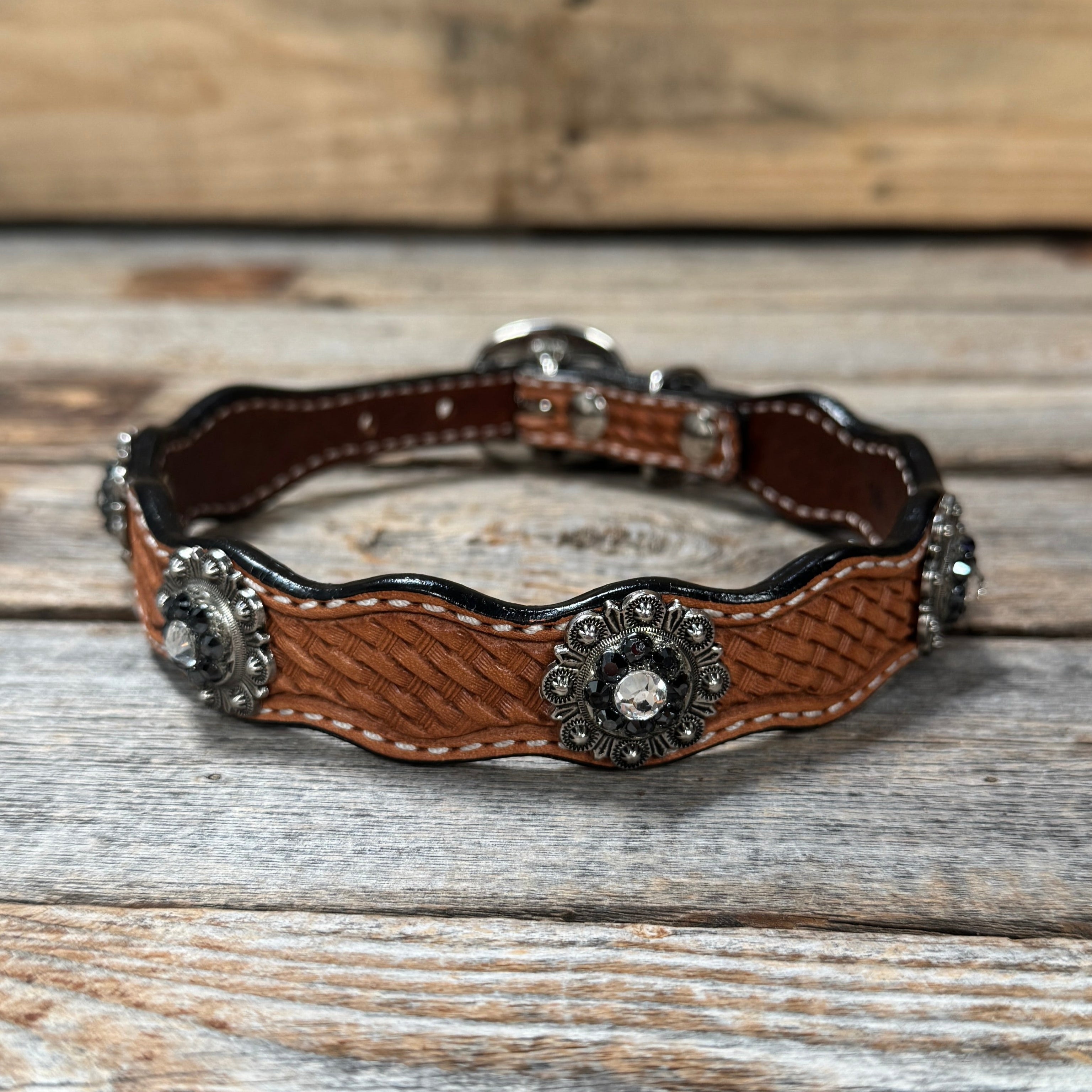 Genuine Leather Dog Collar With Antique Silver Jet and Clear Conchos 10" to 22" -DC75 — view 2