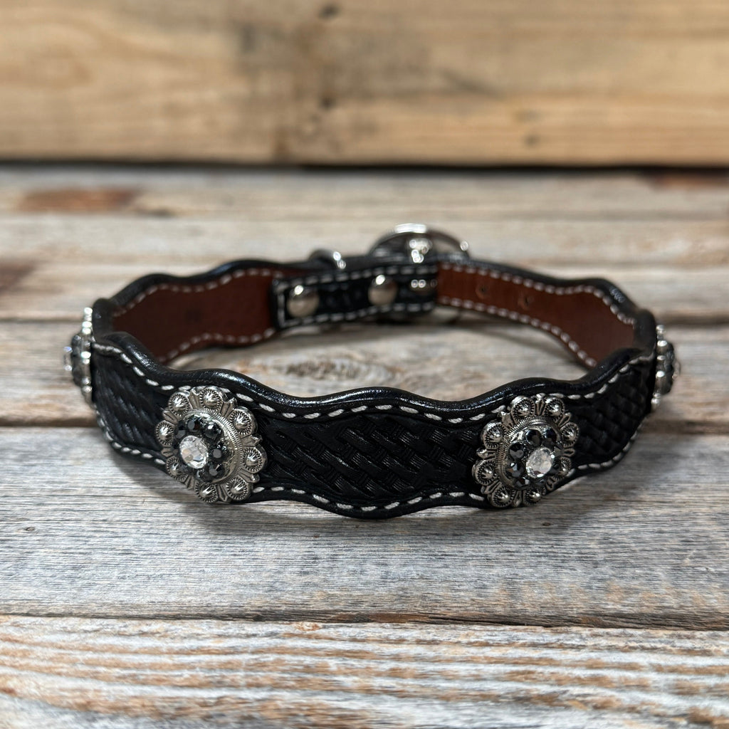 Genuine Leather Dog Collar With Antique Silver Jet and Clear Conchos 10" to 22" -DC75 — view 4