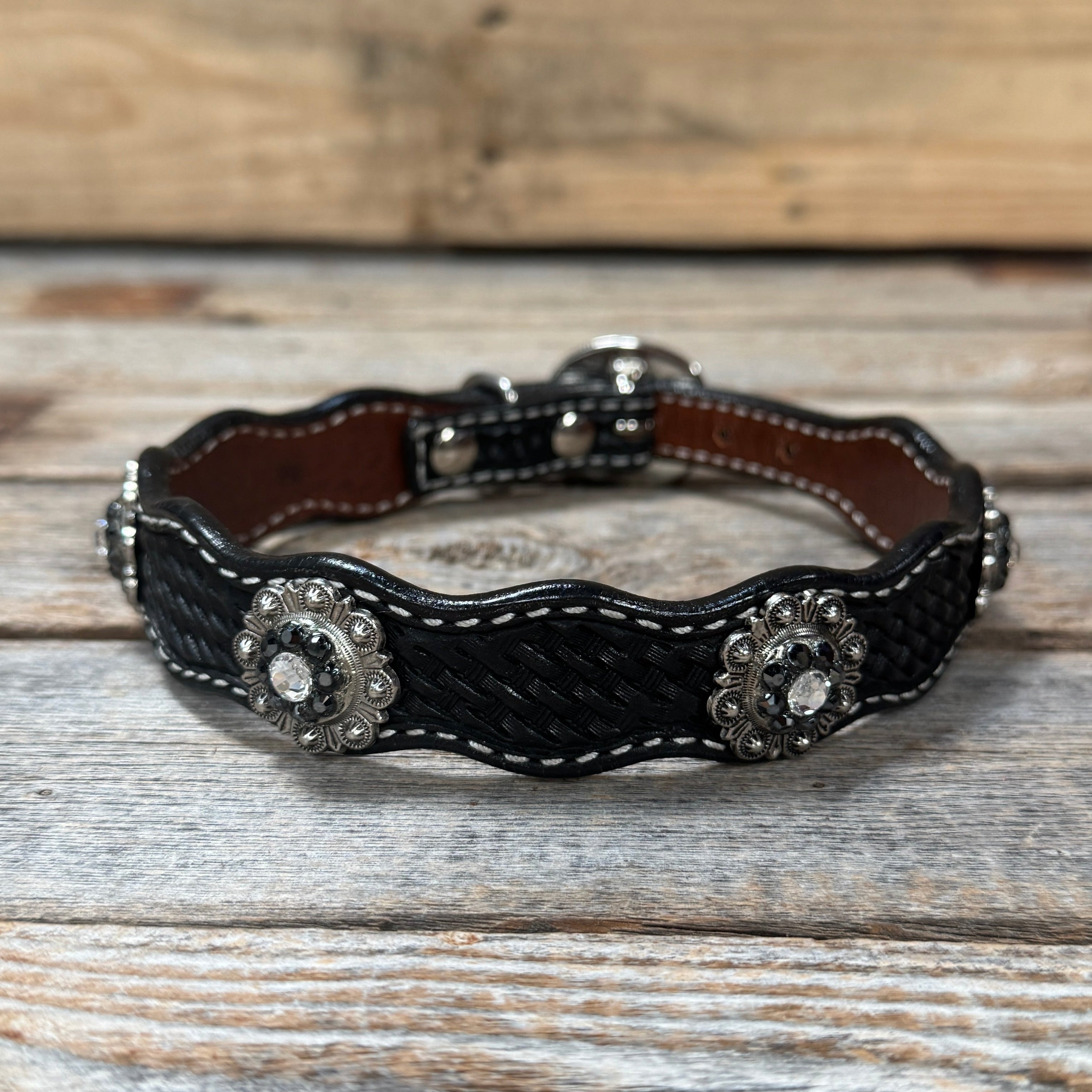 Genuine Leather Dog Collar With Antique Silver Jet and Clear Conchos 10" to 22" -DC75 — view 4