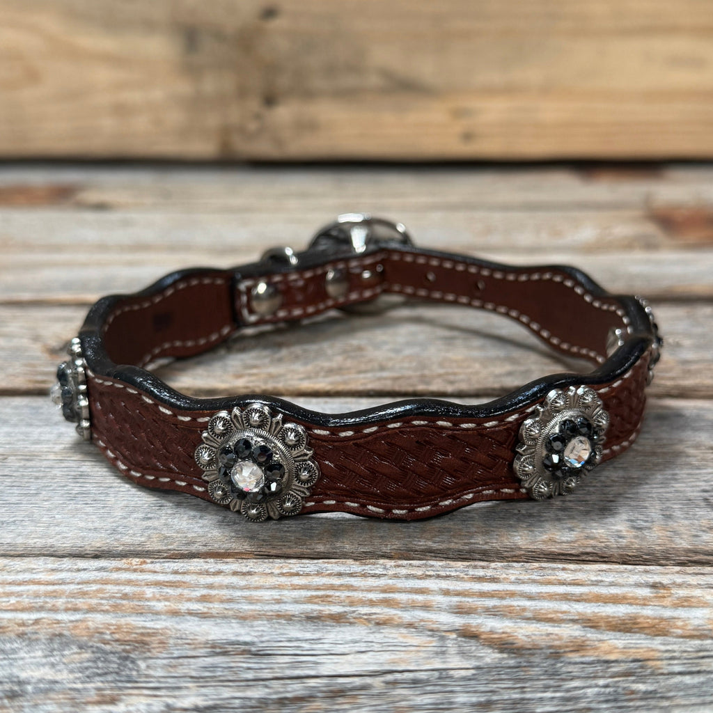 Genuine Leather Dog Collar With Antique Silver Jet and Clear Conchos 10" to 22" -DC75 — view 3